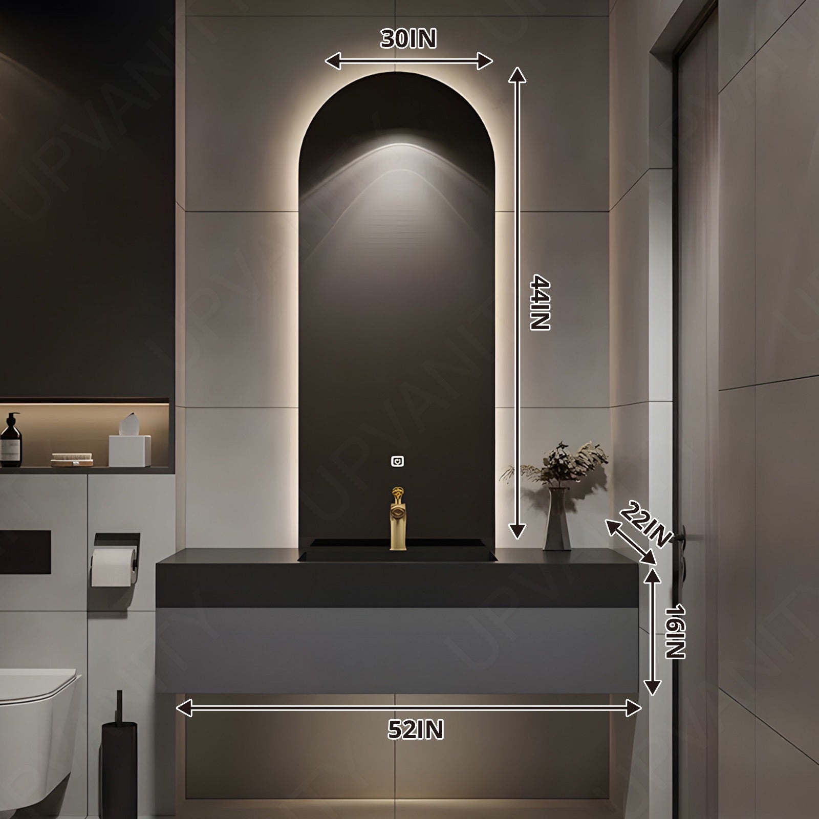 Elegant Bath Vanity Set, Gray, Joint Black Top, 36''-52'', Single, Floating, Oval Smart LED Mirror