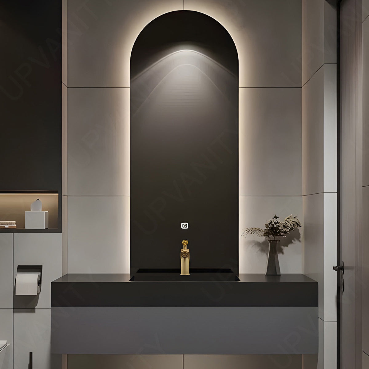 Elegant Bath Vanity Set, Gray, Joint Black Top, 36''-52'', Single, Floating, Oval Smart LED Mirror