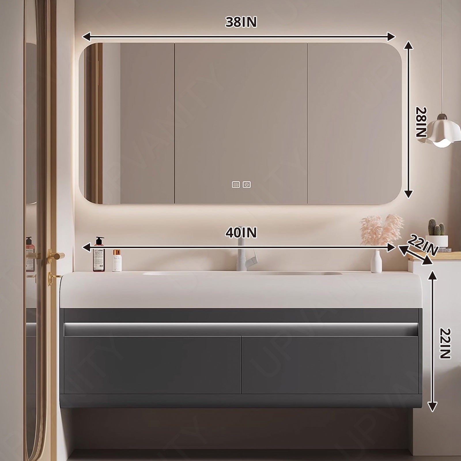 Elegant Bath Vanity Set, Gray, Rounded Edge, 36"- 60", Single, Floating, Sensor Light, Smart LED Mirror, Rear Cabinet