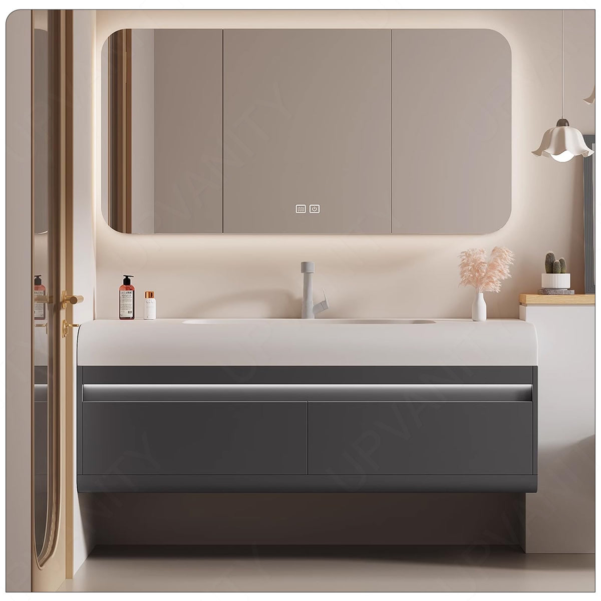 Elegant Bath Vanity Set, Gray, Rounded Edge, 36"- 60", Single, Floating, Sensor Light, Smart LED Mirror, Rear Cabinet