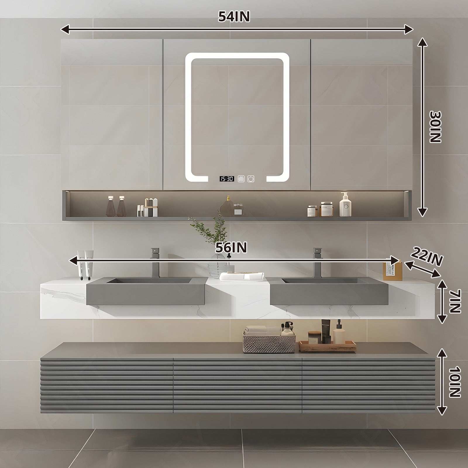 Elegant Bath Vanity Set, Gray, Split White Top, 32"-68", Single/Double, Floating, Open Storage, Smart LED Mirror, Rear Cabinet