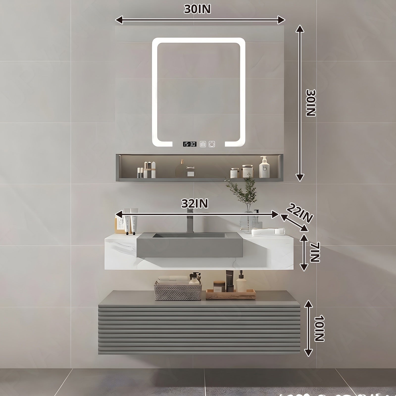 Elegant Bath Vanity Set, Gray, Split White Top, 32"-68", Single/Double, Floating, Open Storage, Smart LED Mirror, Rear Cabinet