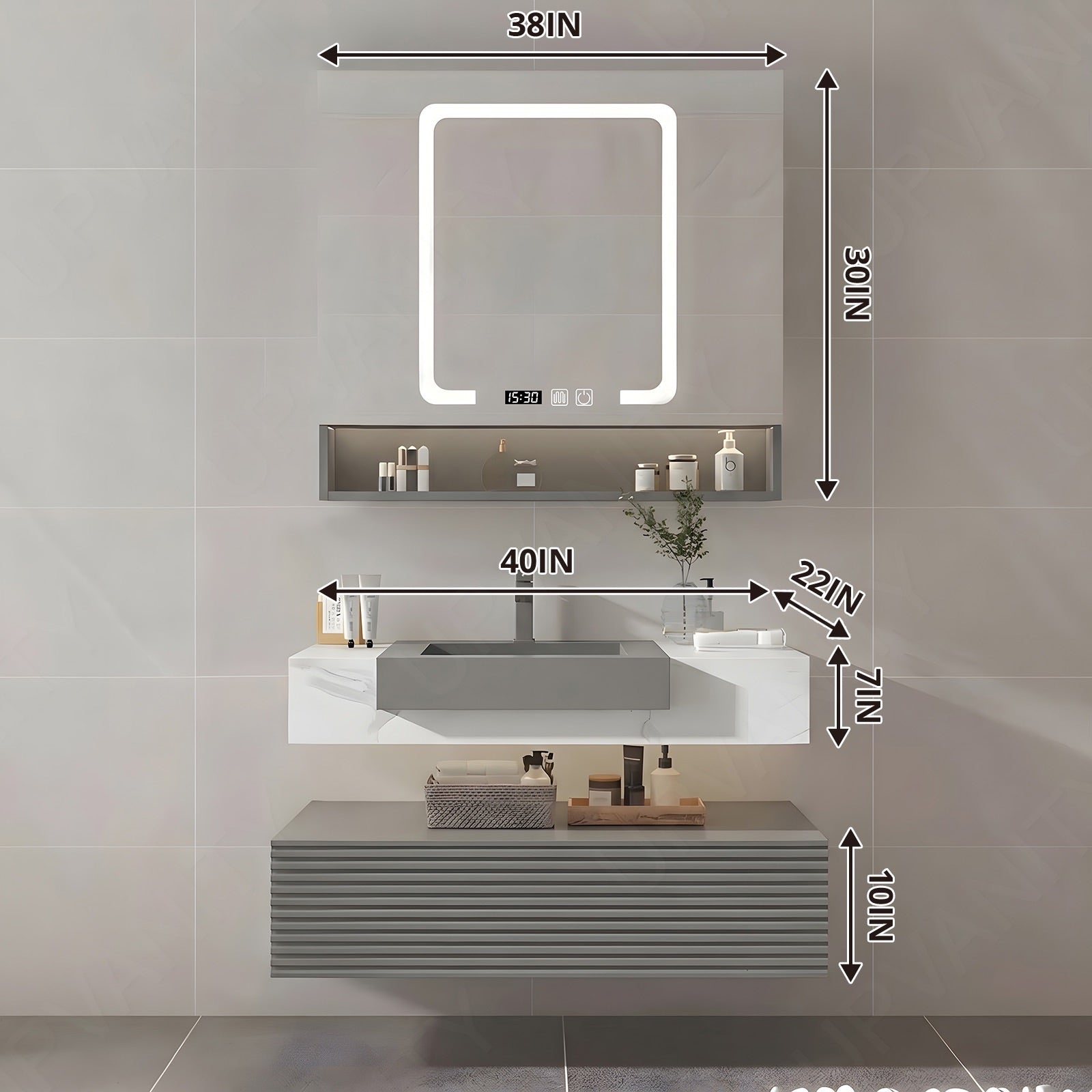 Elegant Bath Vanity Set, Gray, Split White Top, 32"-68", Single/Double, Floating, Open Storage, Smart LED Mirror, Rear Cabinet
