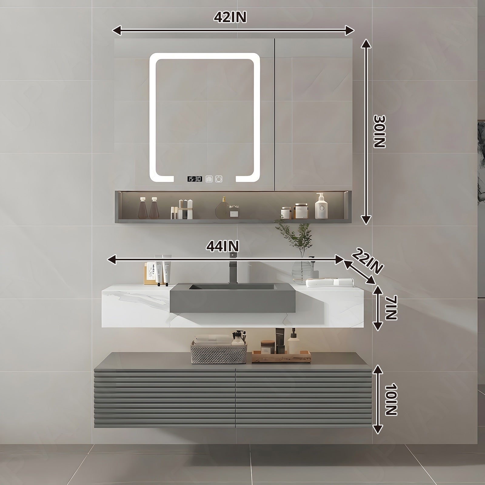 Elegant Bath Vanity Set, Gray, Split White Top, 32"-68", Single/Double, Floating, Open Storage, Smart LED Mirror, Rear Cabinet
