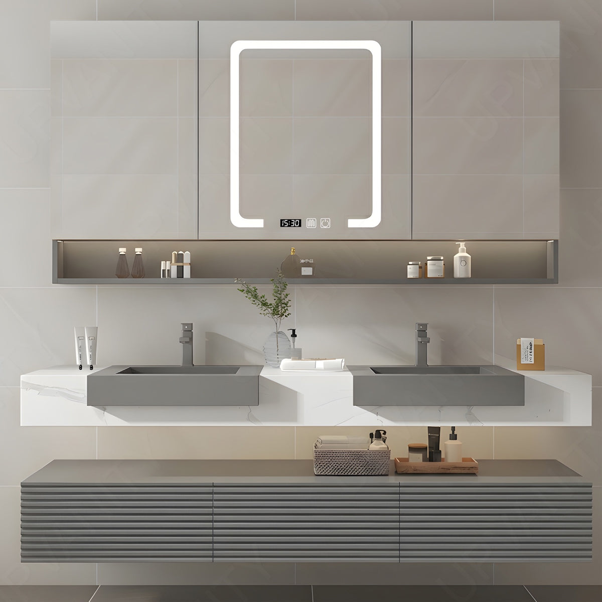 Elegant Bath Vanity Set, Gray, Split White Top, 32"-68", Single/Double, Floating, Open Storage, Smart LED Mirror, Rear Cabinet