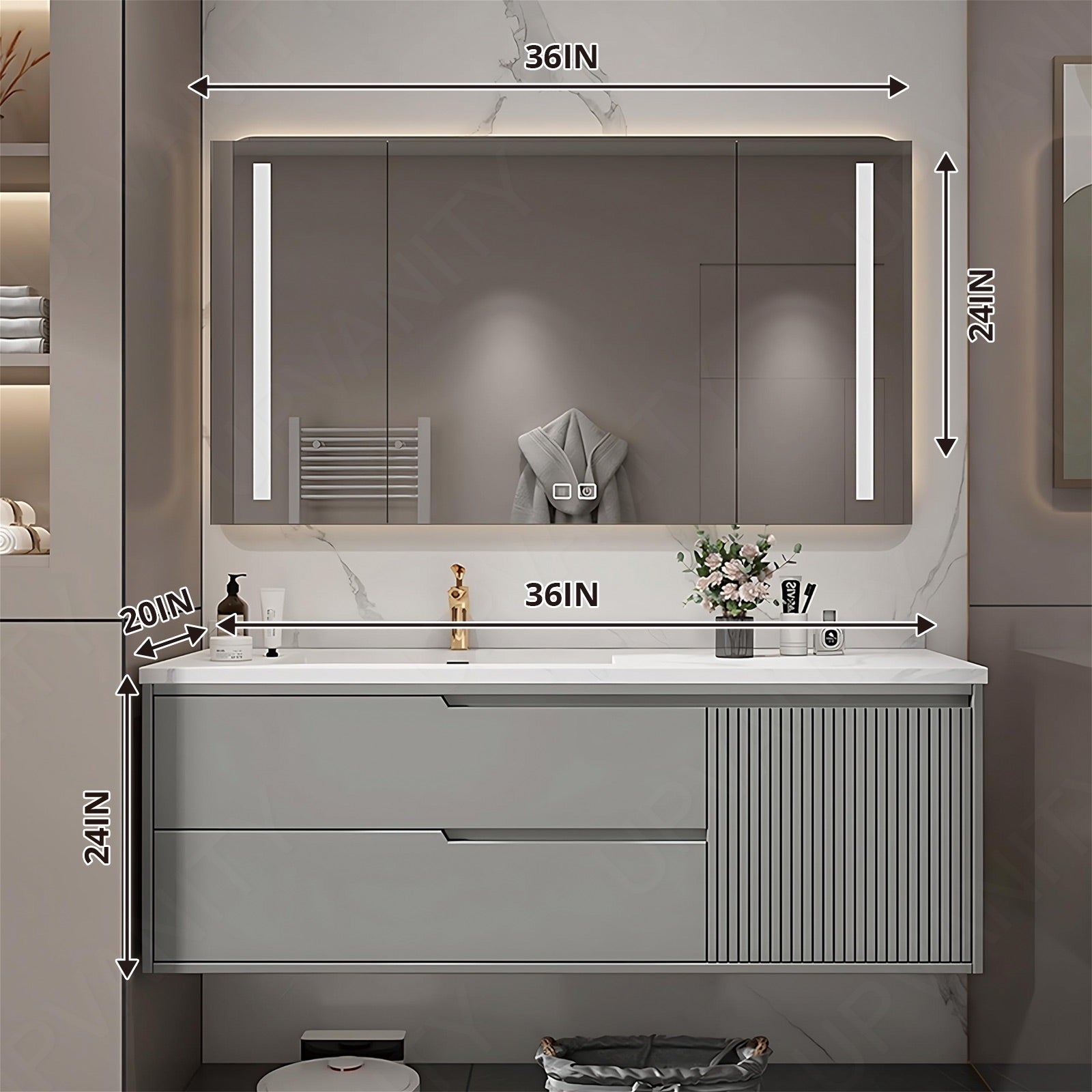 Elegant Bath Vanity Set, Gray, Striped Panel, 36"- 52", Single, Floating, Smart LED Mirror, Rear Cabinet