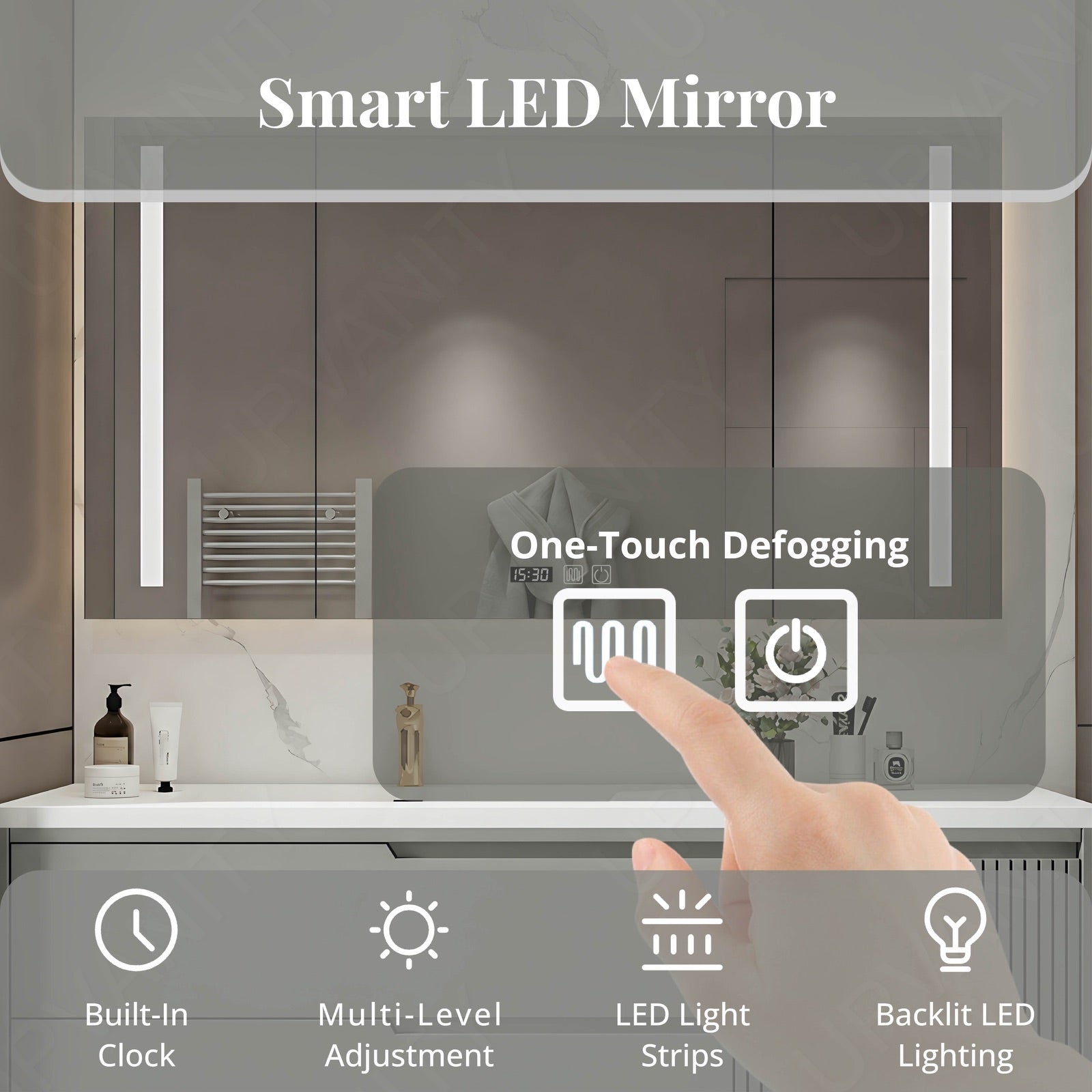 Elegant Bath Vanity Set, Gray, Striped Panel, 44"- 64", Single, Floating, Smart LED Mirror, Rear Cabinet