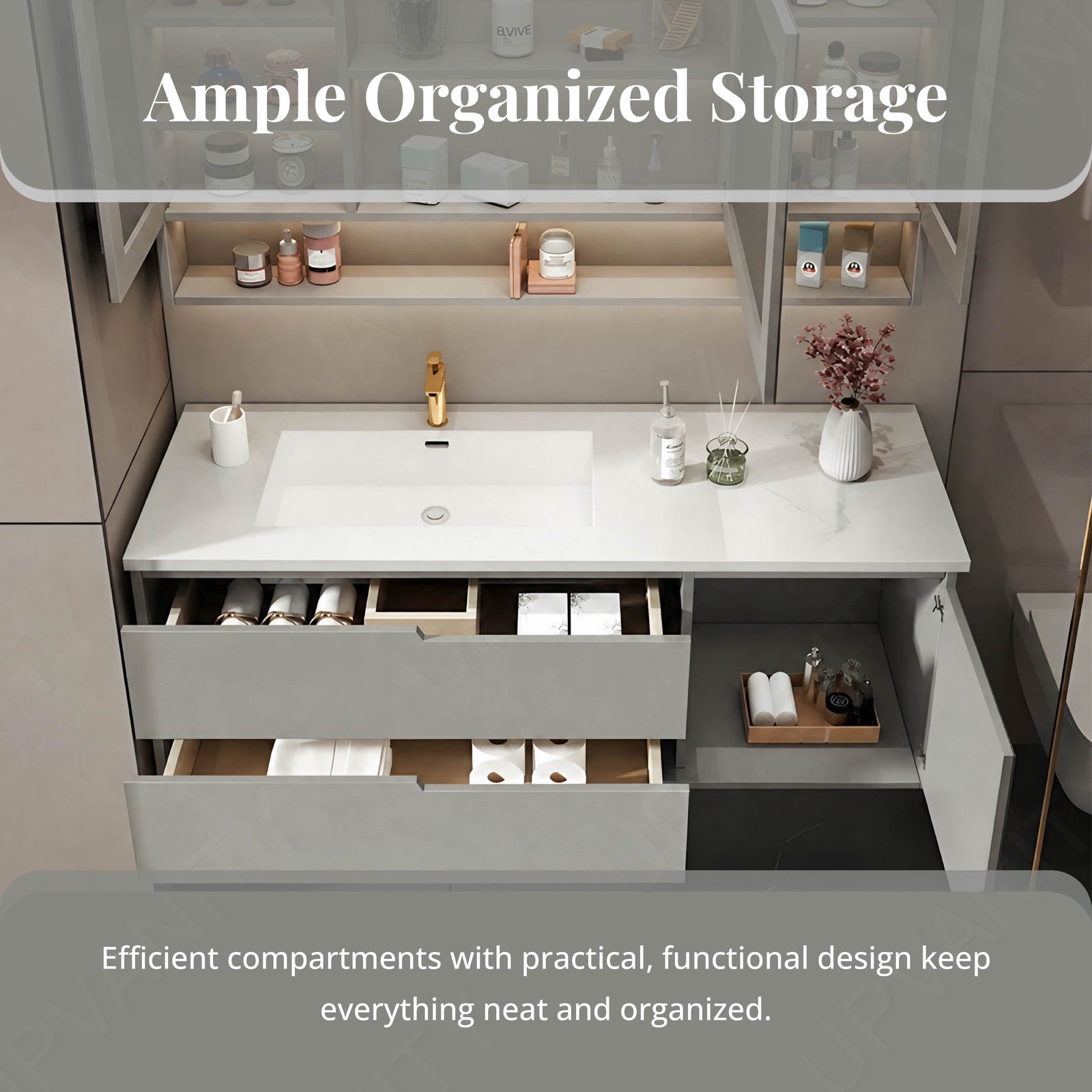 Elegant Bath Vanity Set, Gray, Striped Panel, 44"- 64", Single, Floating, Smart LED Mirror, Rear Cabinet