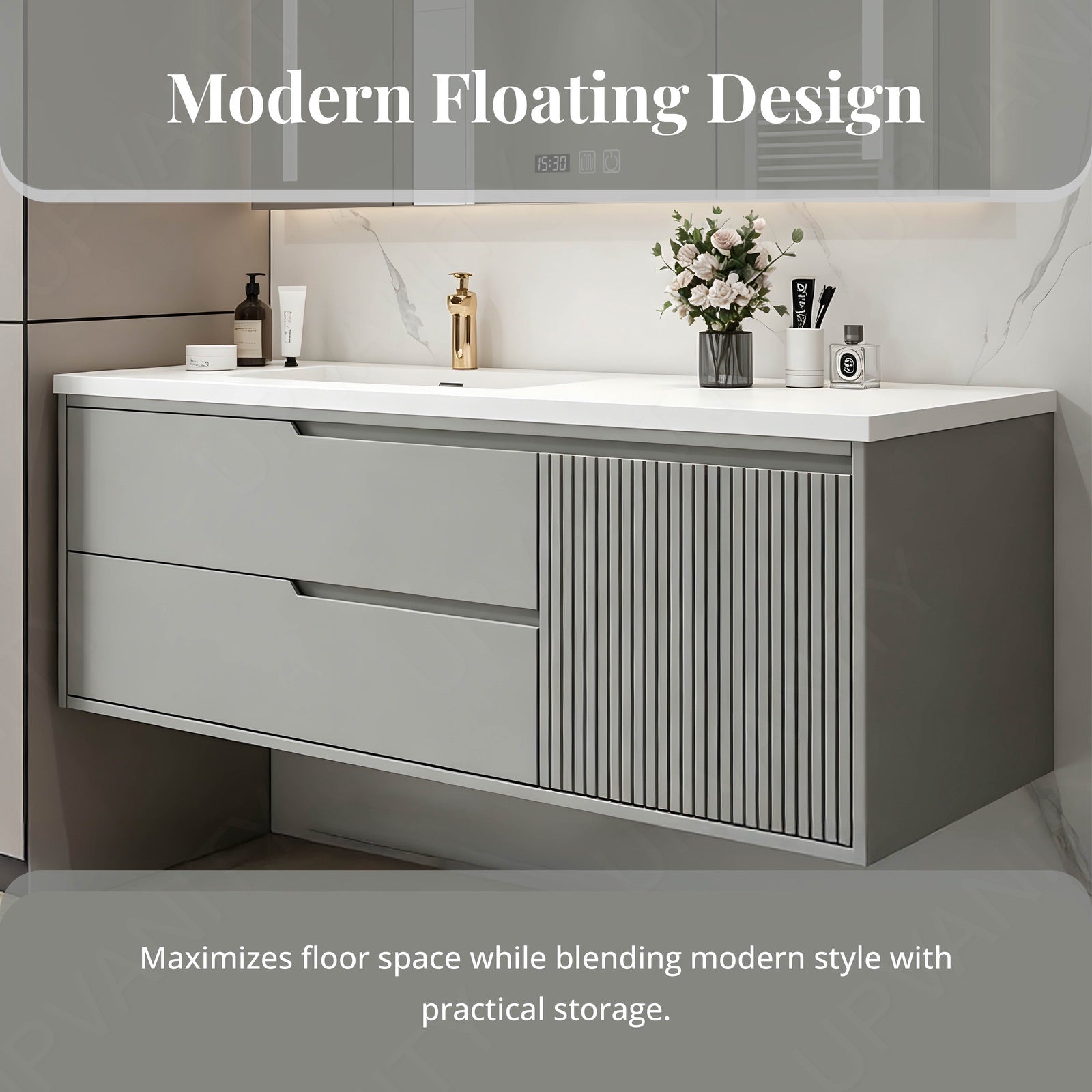 Elegant Bath Vanity Set, Gray, Striped Panel, 44"- 64", Single, Floating, Smart LED Mirror, Rear Cabinet