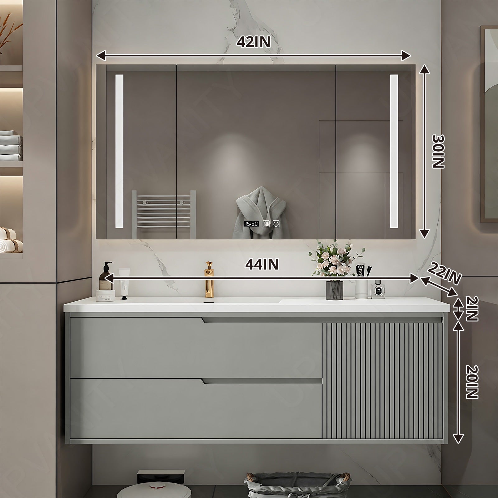 Elegant Bath Vanity Set, Gray, Striped Panel, 44"- 64", Single, Floating, Smart LED Mirror, Rear Cabinet