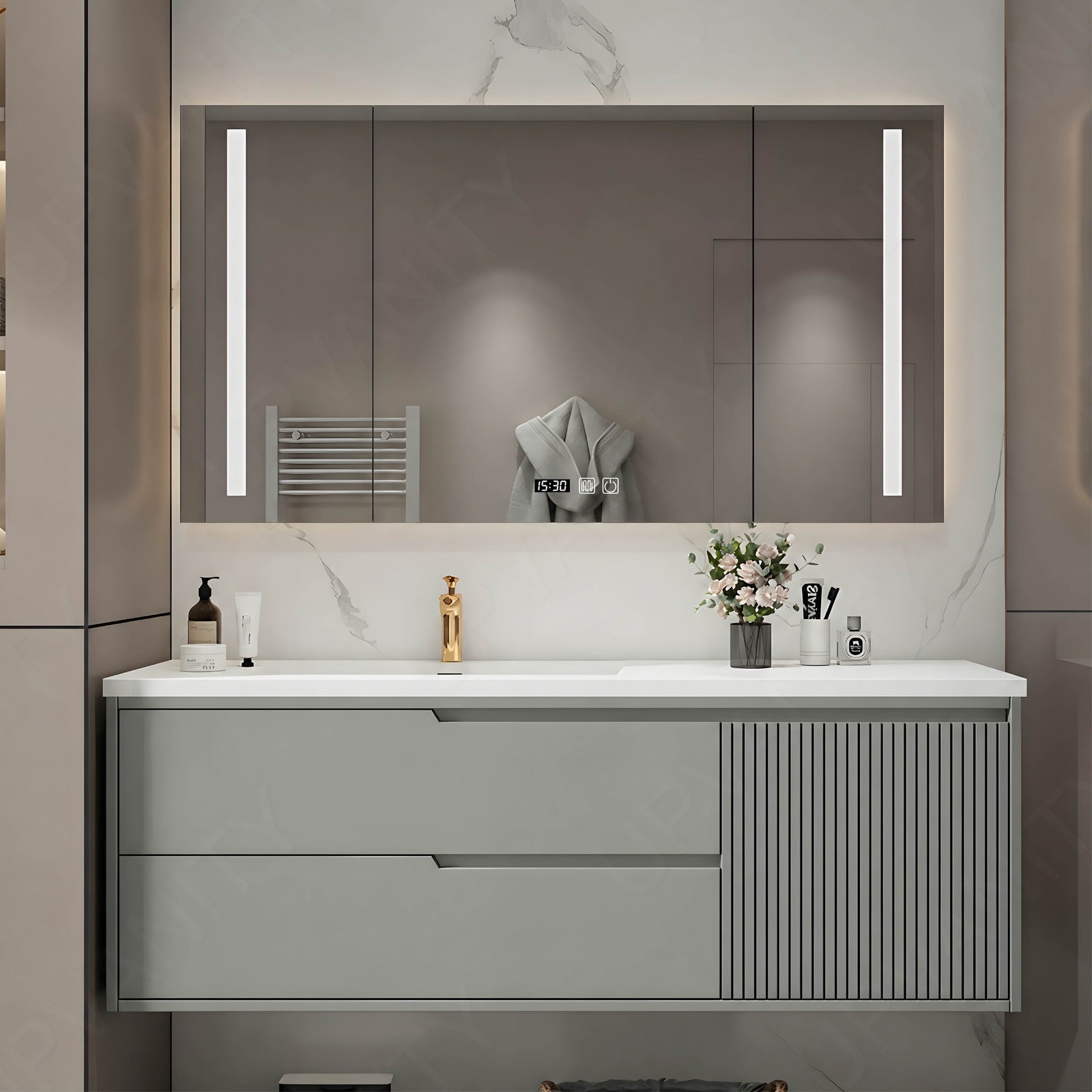 Elegant Bath Vanity Set, Gray, Striped Panel, 44"- 64", Single, Floating, Smart LED Mirror, Rear Cabinet