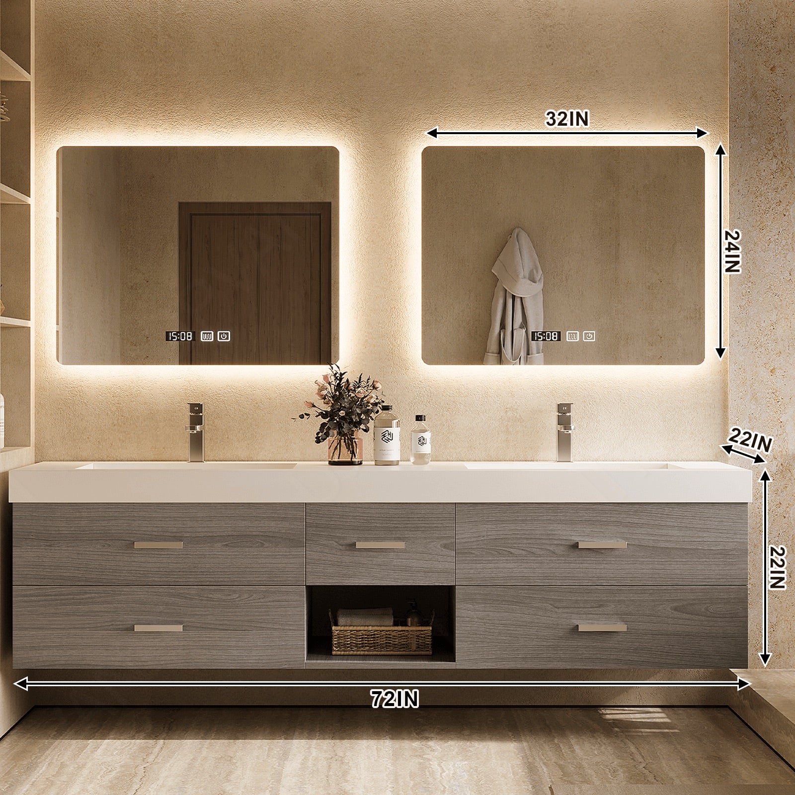 Elegant Bath Vanity Set, Gray, Warm Walnut, 56"- 78", Double, Floating, Dual Smart LED Mirror