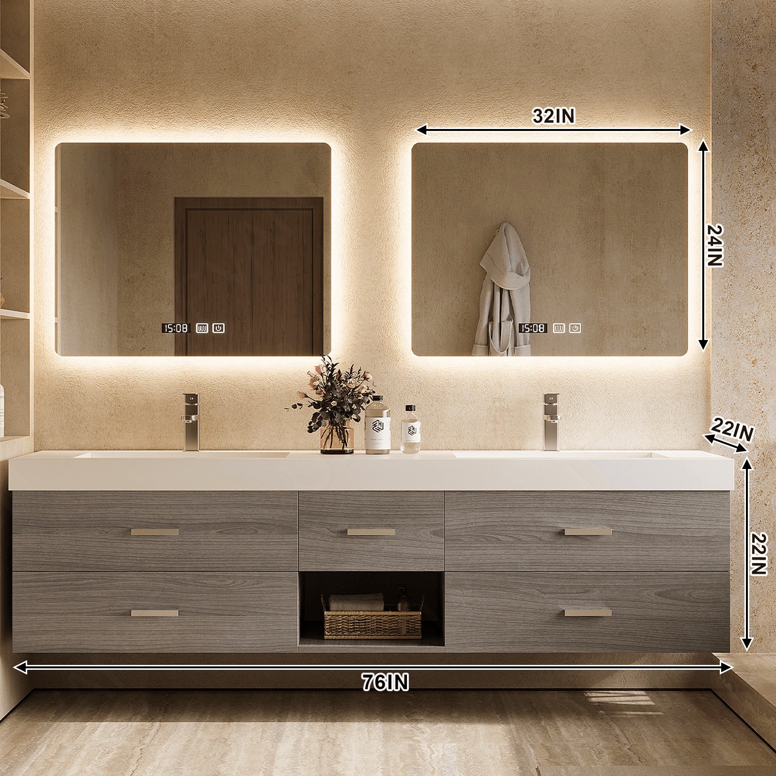 Elegant Bath Vanity Set, Gray, Warm Walnut, 56"- 78", Double, Floating, Dual Smart LED Mirror
