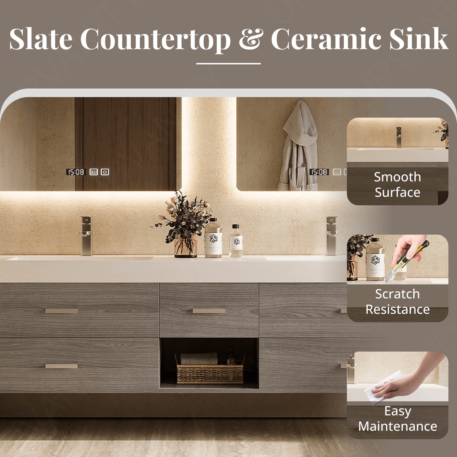 Elegant Bath Vanity Set, Gray, White Slate Top, 56"- 78", Double, Floating, Open Storage, Dual Smart LED Mirror