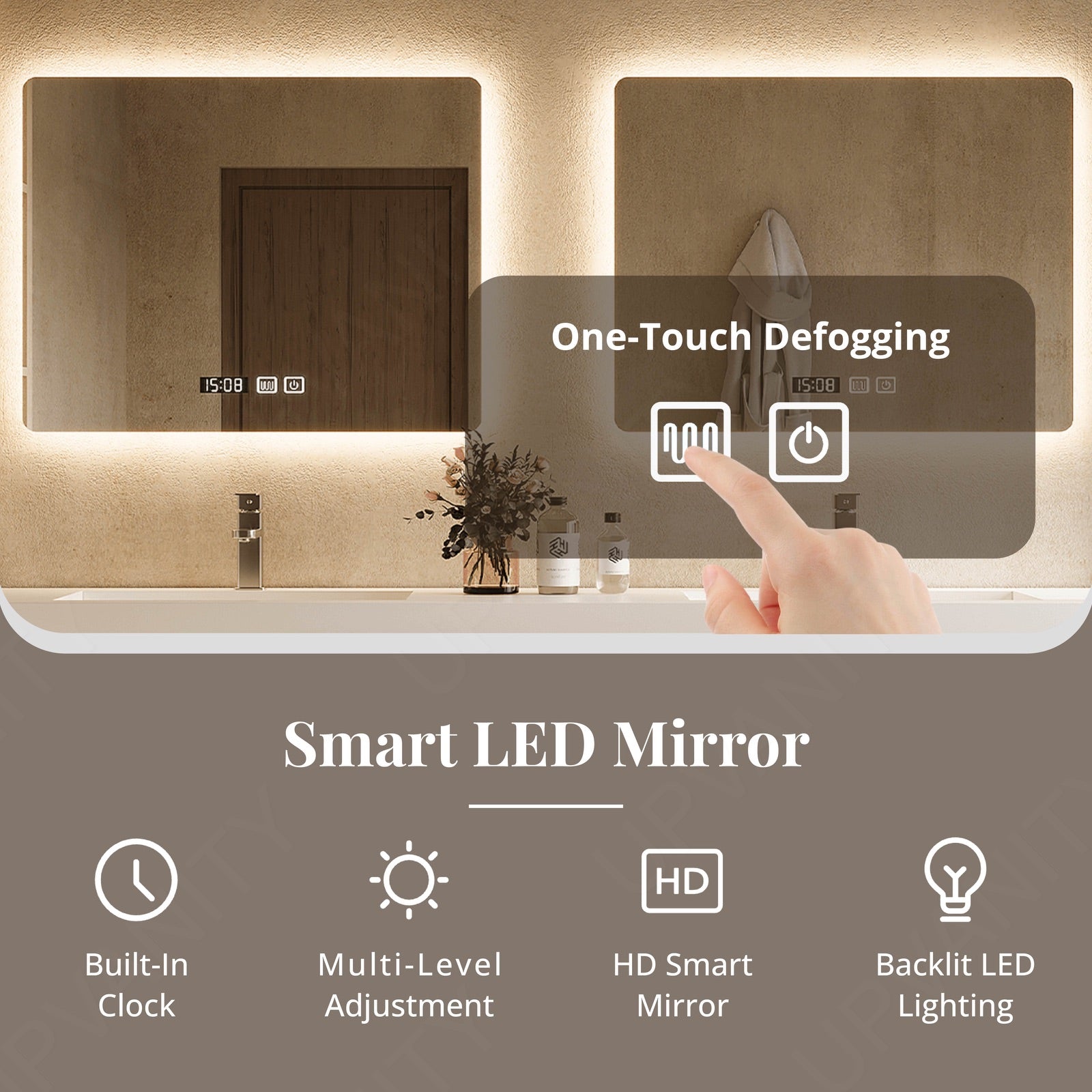 Elegant Bath Vanity Set, Gray, White Slate Top, 56"- 78", Double, Floating, Open Storage, Dual Smart LED Mirror