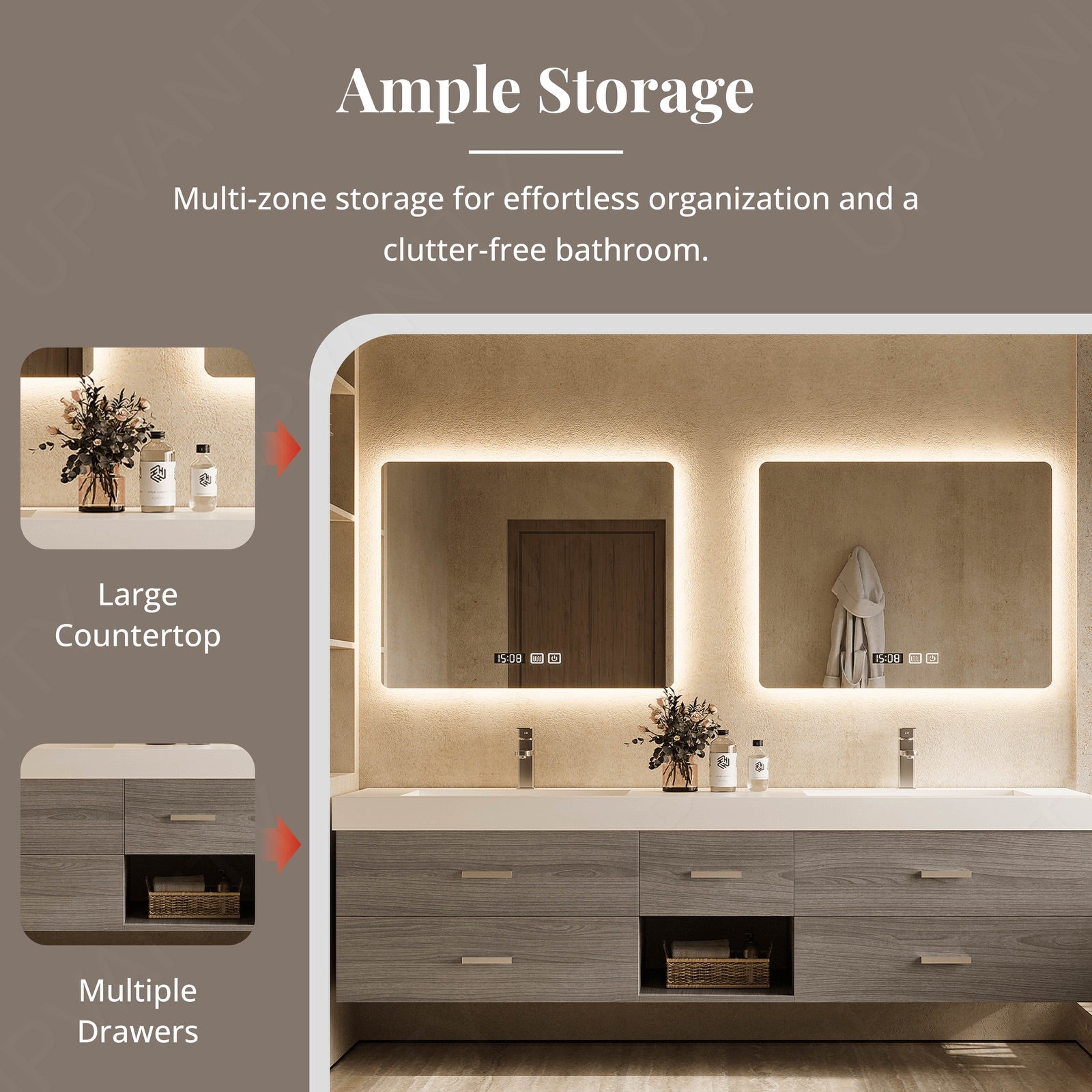 Elegant Bath Vanity Set, Gray, White Slate Top, 56"- 78", Double, Floating, Open Storage, Dual Smart LED Mirror