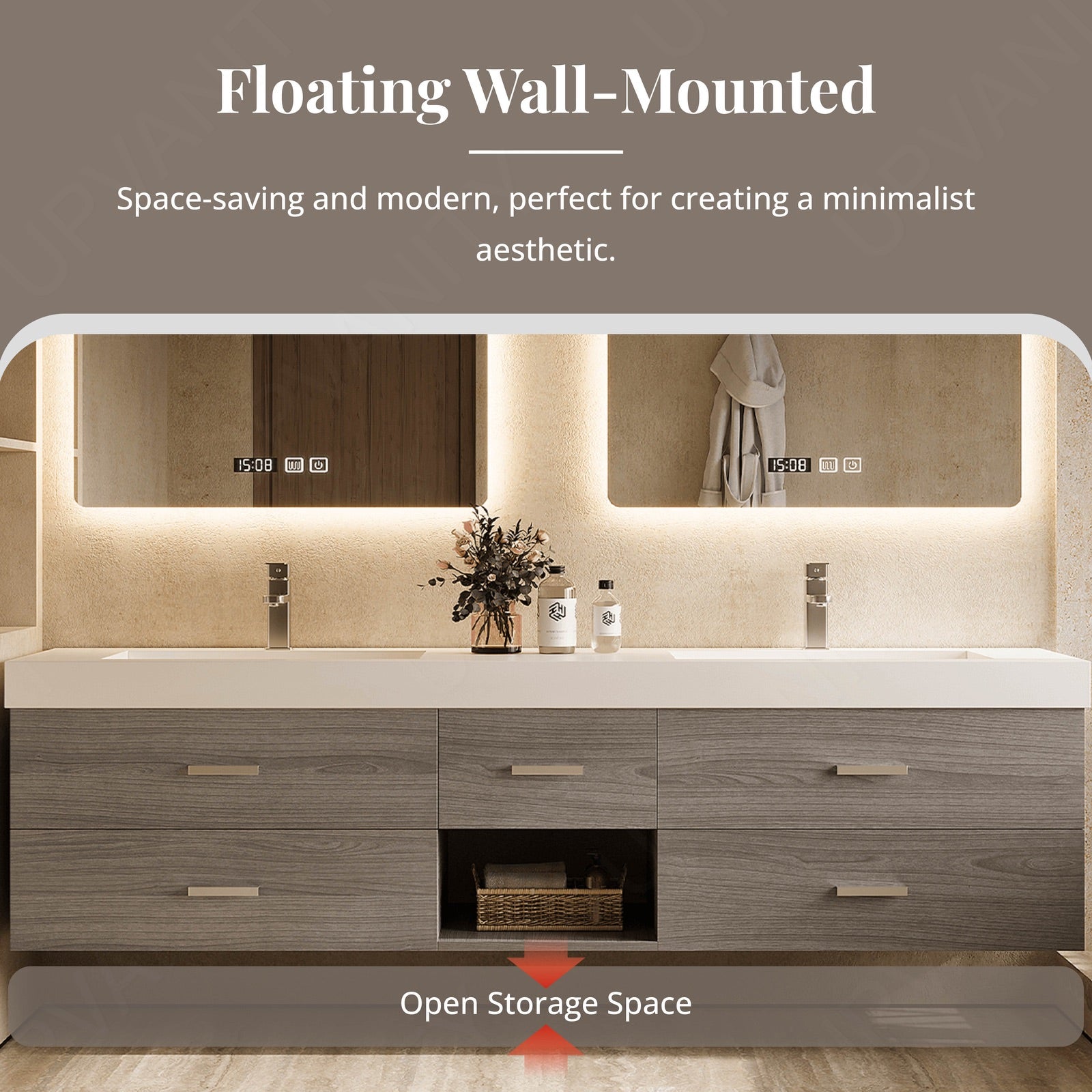 Elegant Bath Vanity Set, Gray, White Slate Top, 56"- 78", Double, Floating, Open Storage, Dual Smart LED Mirror
