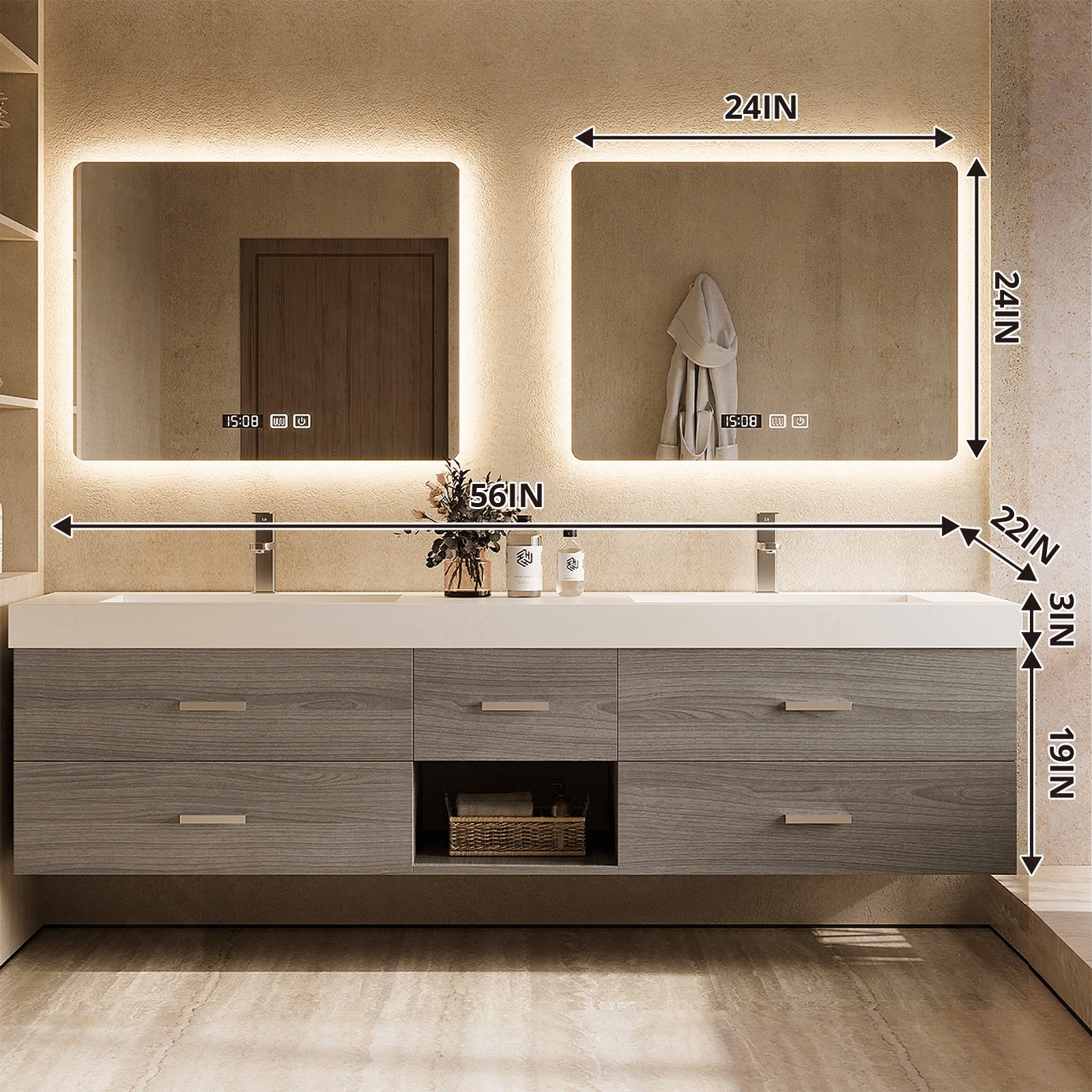 Elegant Bath Vanity Set, Gray, White Slate Top, 56"- 78", Double, Floating, Open Storage, Dual Smart LED Mirror