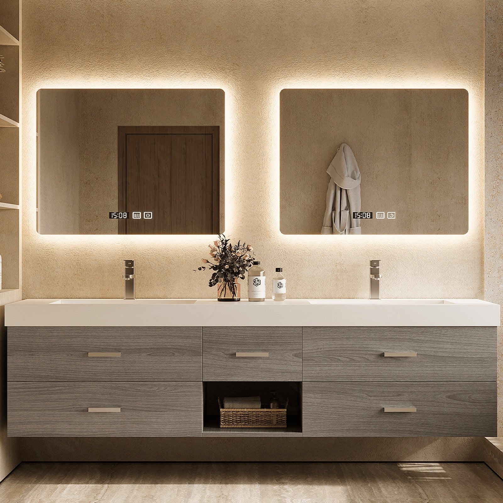 Elegant Bath Vanity Set, Gray, White Slate Top, 56"- 78", Double, Floating, Open Storage, Dual Smart LED Mirror