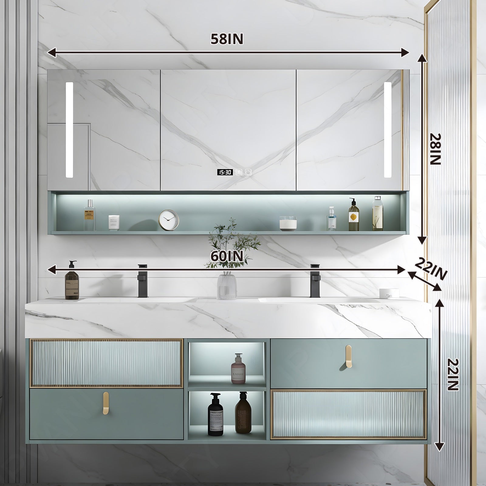 Elegant Bath Vanity Set, Green, Gold Accents, White Marble Textured Top, 36"- 78", Single/Double, Floating, Glass Door, Smart LED Mirror, Rear Cabinet