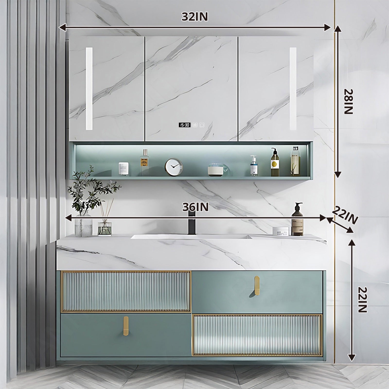 Elegant Bath Vanity Set, Green, Gold Accents, White Marble Textured Top, 36"- 78", Single/Double, Floating, Glass Door, Smart LED Mirror, Rear Cabinet
