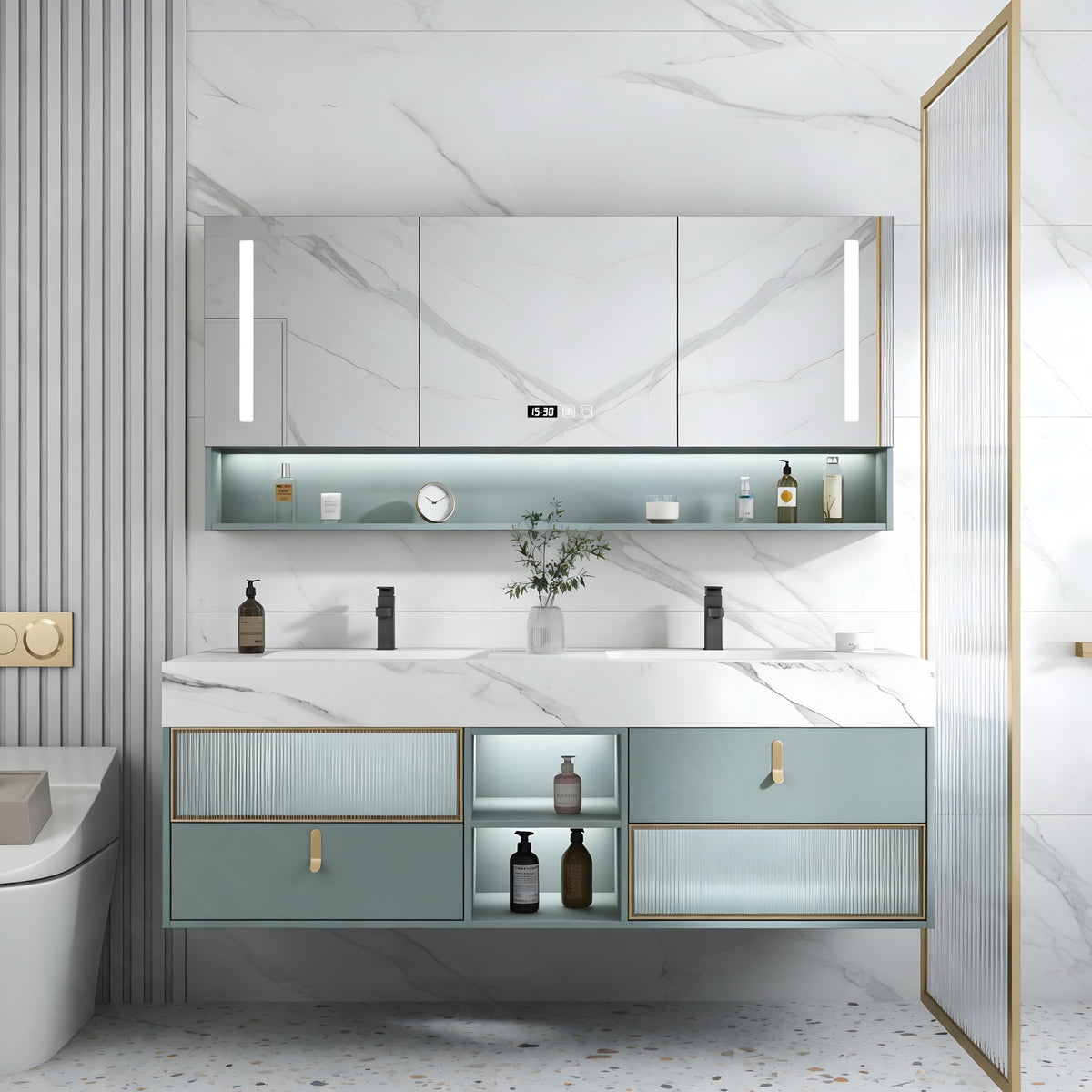 Elegant Bath Vanity Set, Green, Gold Accents, White Marble Textured Top, 36"- 78", Single/Double, Floating, Glass Door, Smart LED Mirror, Rear Cabinet