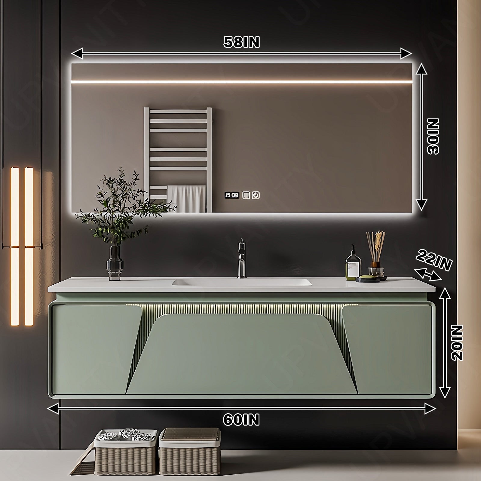 Elegant Bath Vanity Set, Green, Rounded Edge, 48"- 64", Single, Floating, Sensor Light, Smart LED Mirror