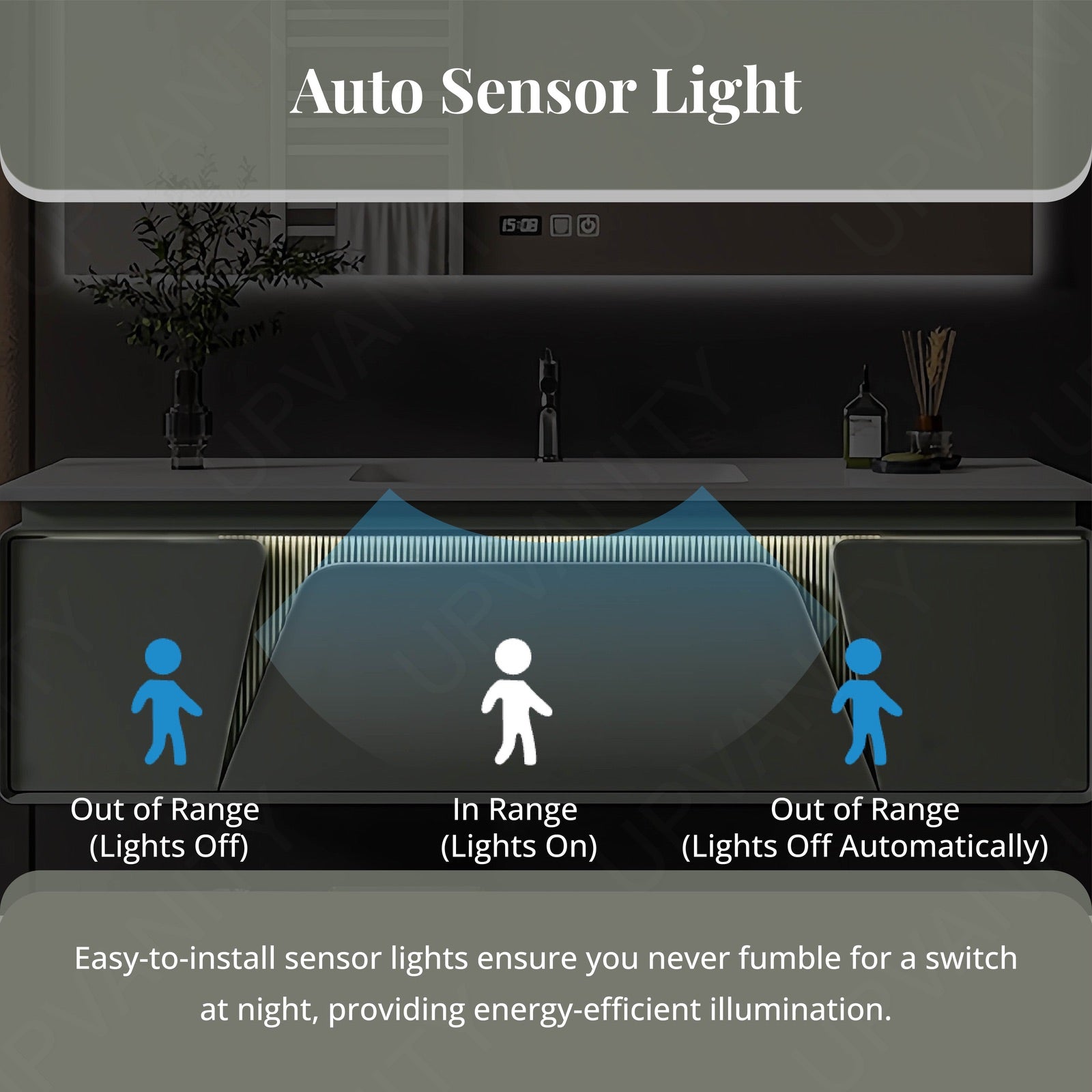 Elegant Bath Vanity Set, Green, Rounded Edge, 48"- 64", Single, Floating, Sensor Light, Smart LED Mirror