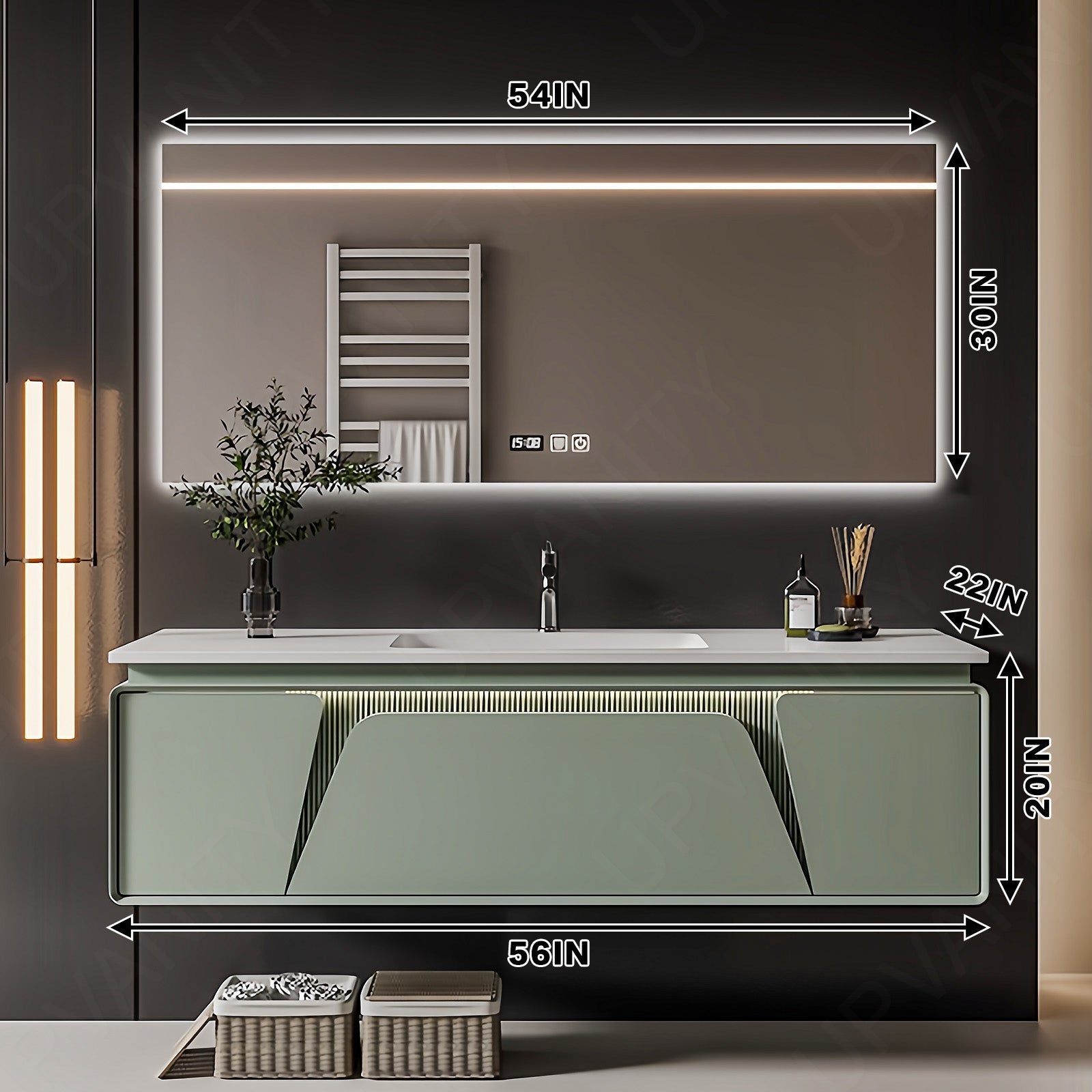 Elegant Bath Vanity Set, Green, Rounded Edge, 48"- 64", Single, Floating, Sensor Light, Smart LED Mirror