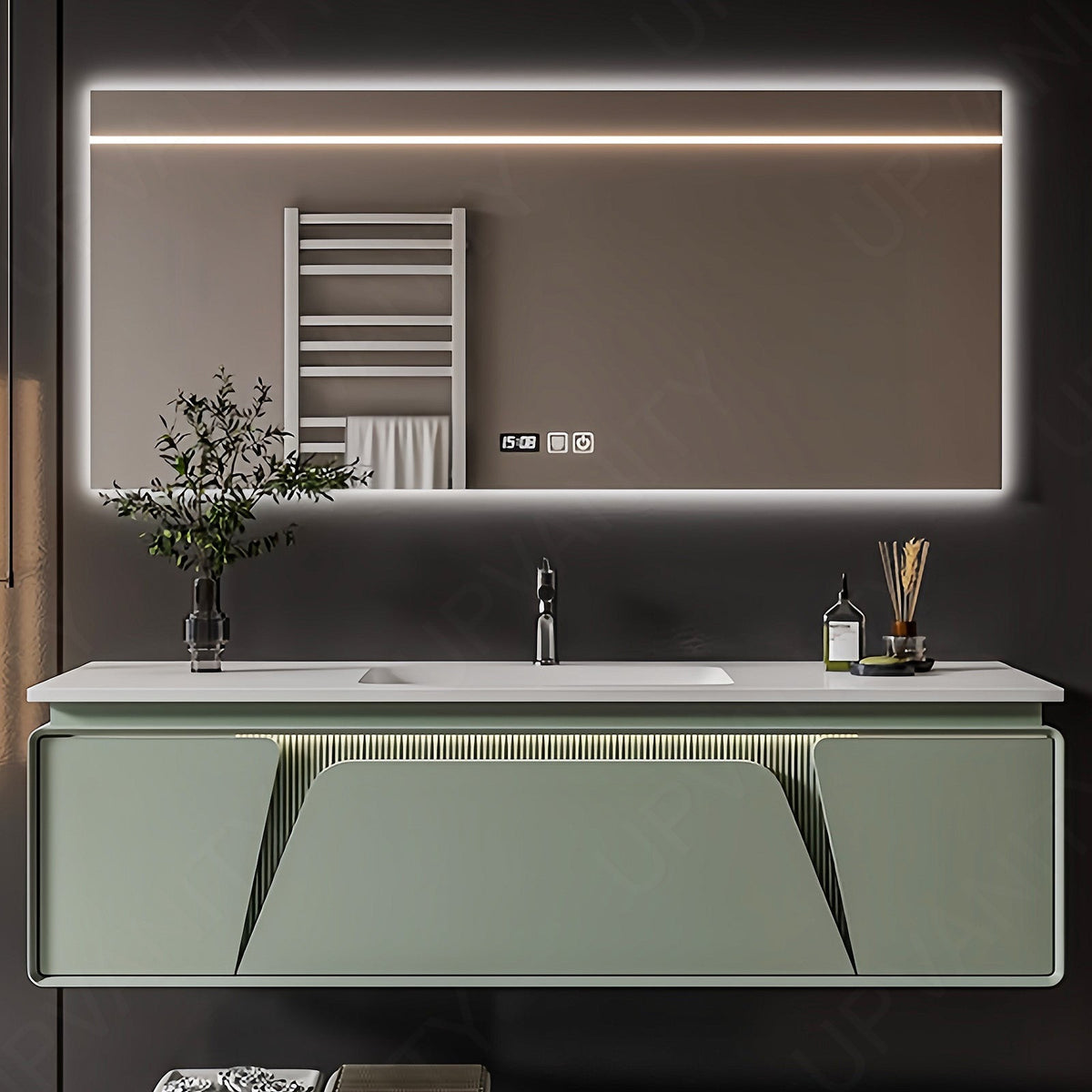 Elegant Bath Vanity Set, Green, Rounded Edge, 48"- 64", Single, Floating, Sensor Light, Smart LED Mirror