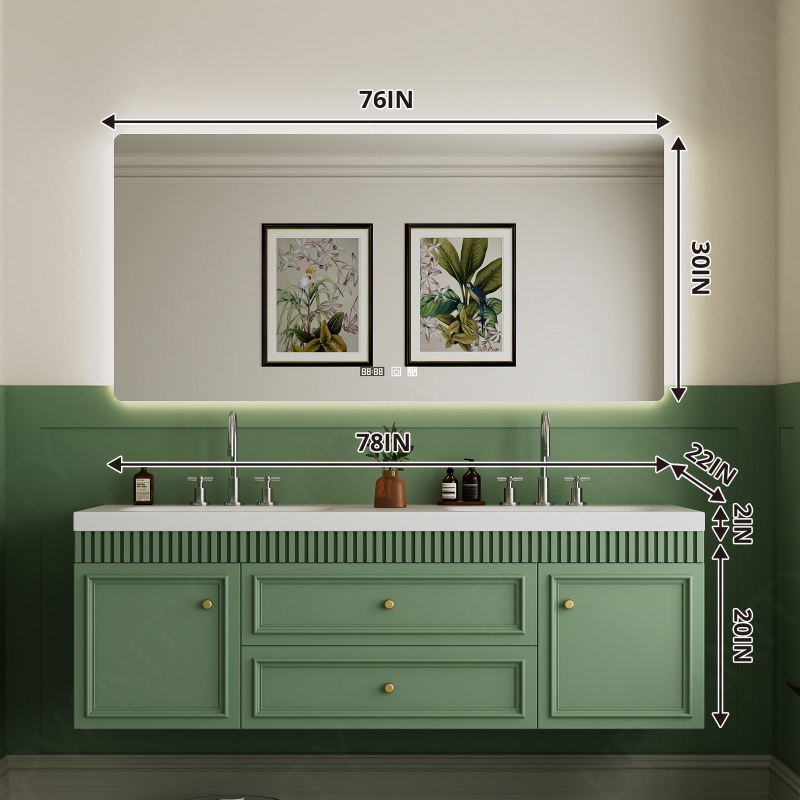 Elegant Bath Vanity Set, Green, Slate White Top, Fluted Panel, 52"-78", Double, Floating, Smart LED Mirror