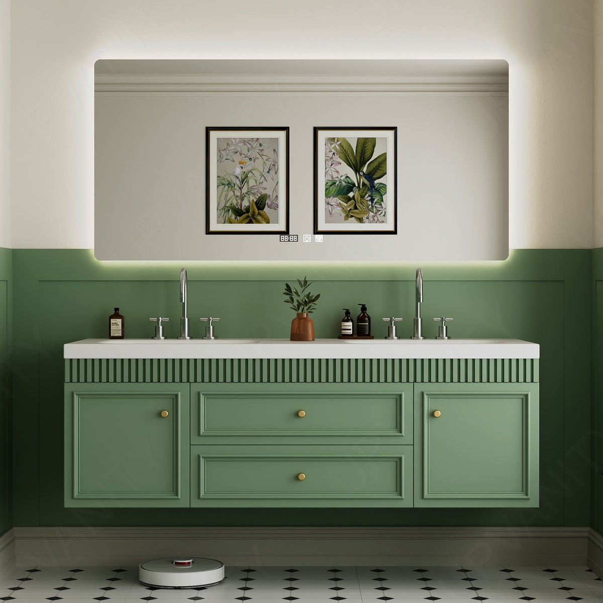 Elegant Bath Vanity Set, Green, Slate White Top, Fluted Panel, 52"-78", Double, Floating, Smart LED Mirror