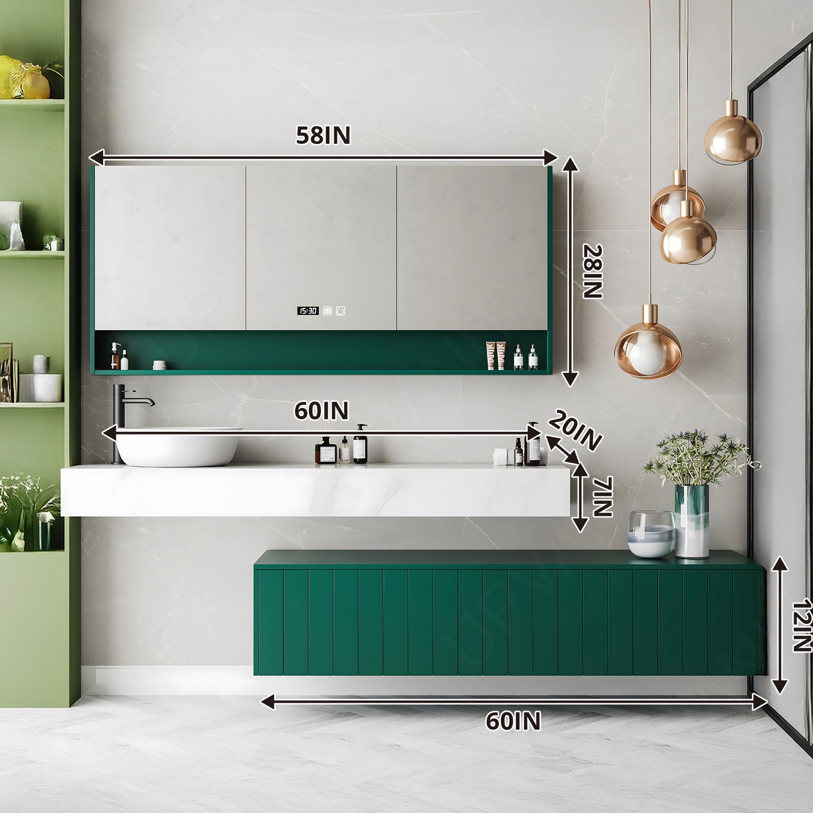 Elegant Bath Vanity Set, Green, Split White Top, 44"-78", Single Vessel Sink, Floating, Striped Panel, Smart LED Mirror, Rear Cabinet