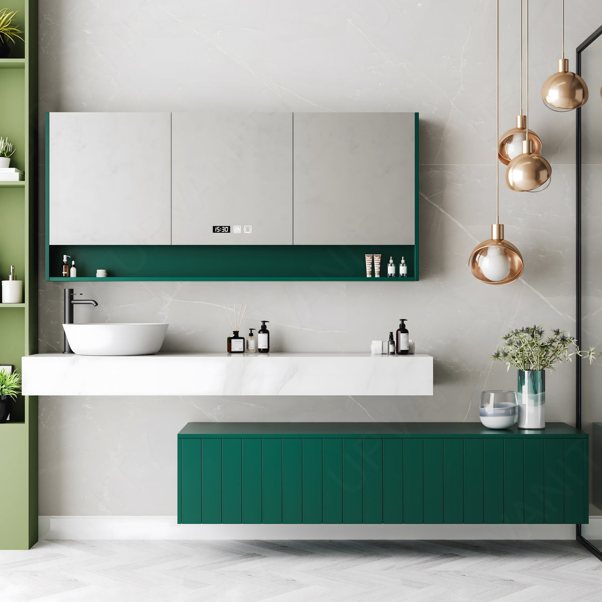 Elegant Bath Vanity Set, Green, Split White Top, 44"-78", Single Vessel Sink, Floating, Striped Panel, Smart LED Mirror, Rear Cabinet