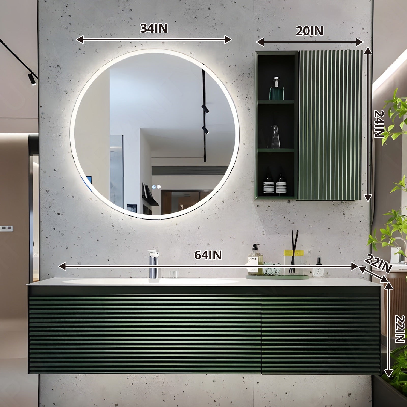 Elegant Bath Vanity Set, Green, Striped Panel, 44"-76", Single, Floating, Round Smart LED Mirror, Side Cabinet