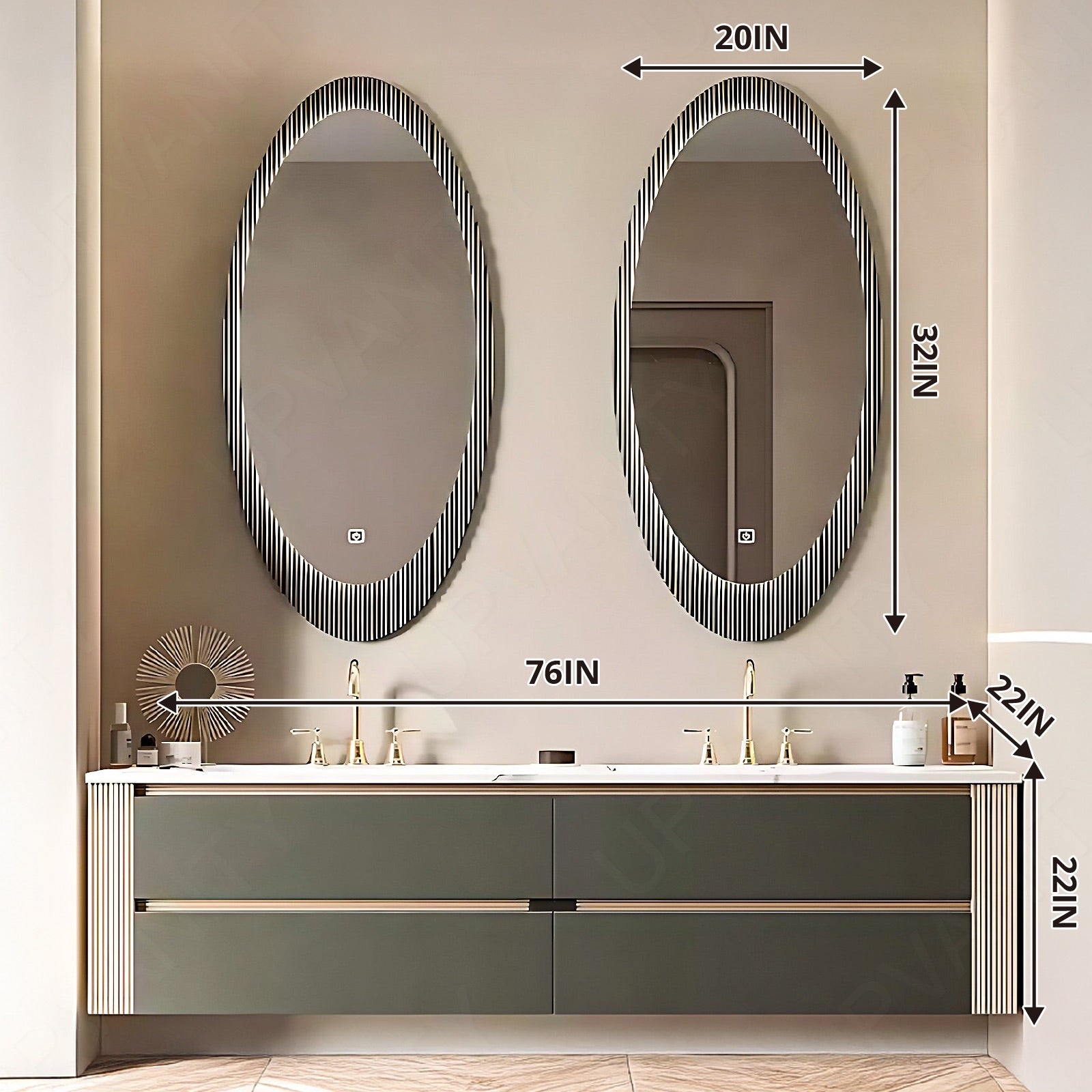 Elegant Bath Vanity Set, Green, Striped Panel, 56"- 78", Double, Floating, Oval Smart LED Mirror