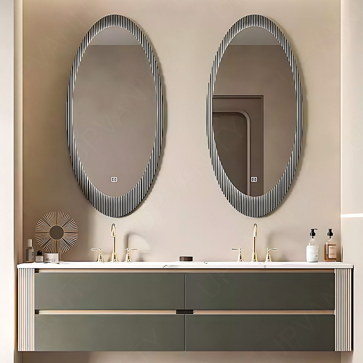 Elegant Bath Vanity Set, Green, Striped Panel, 56"- 78", Double, Floating, Oval Smart LED Mirror