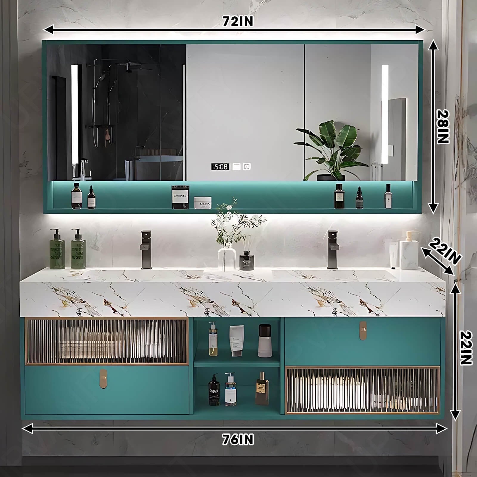 Elegant Bath Vanity Set, Green, White Marble Textured Top, 36"- 78", Single/Double, Floating, Glass Door, Smart LED Mirror, Rear Cabinet