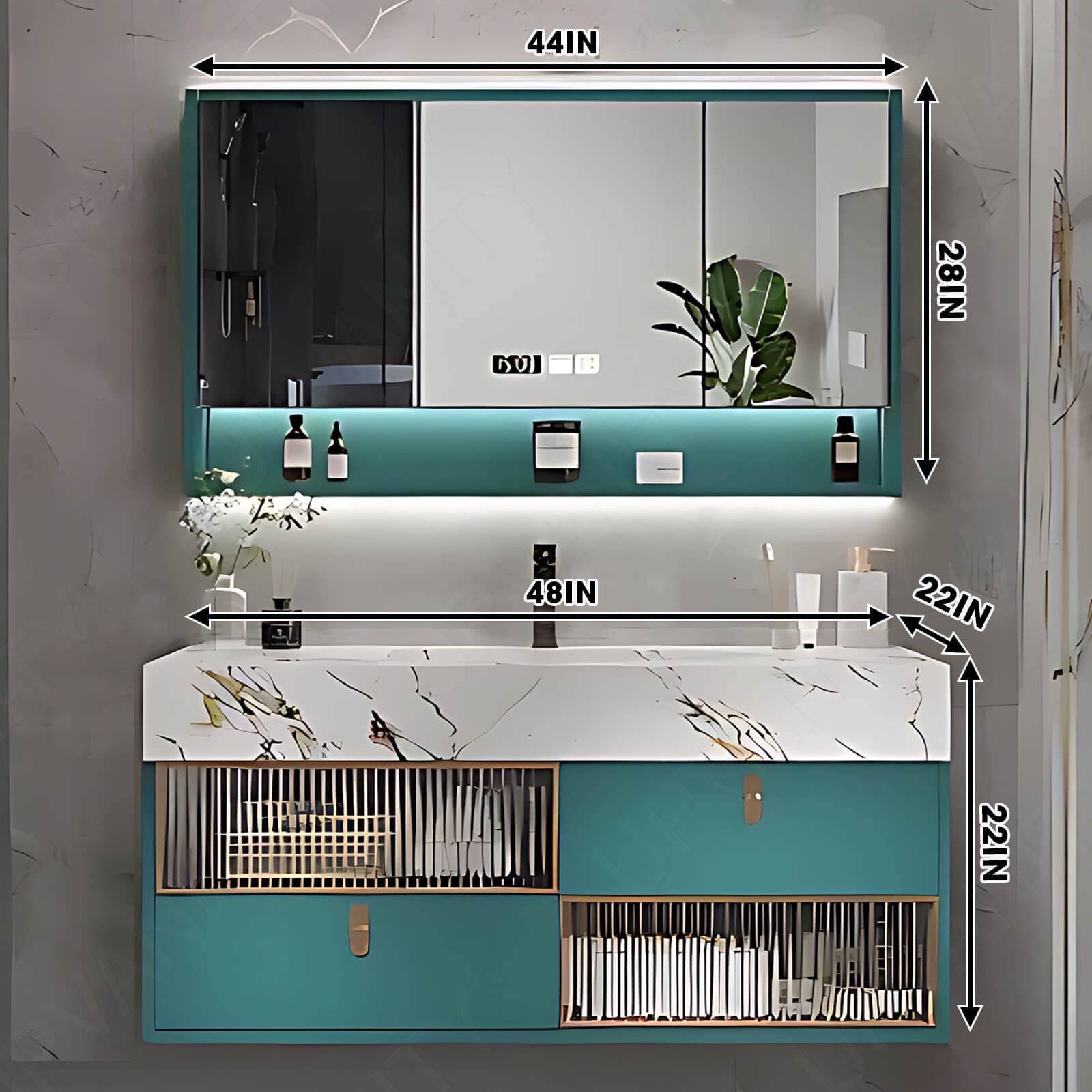 Elegant Bath Vanity Set, Green, White Marble Textured Top, 36"- 78", Single/Double, Floating, Glass Door, Smart LED Mirror, Rear Cabinet