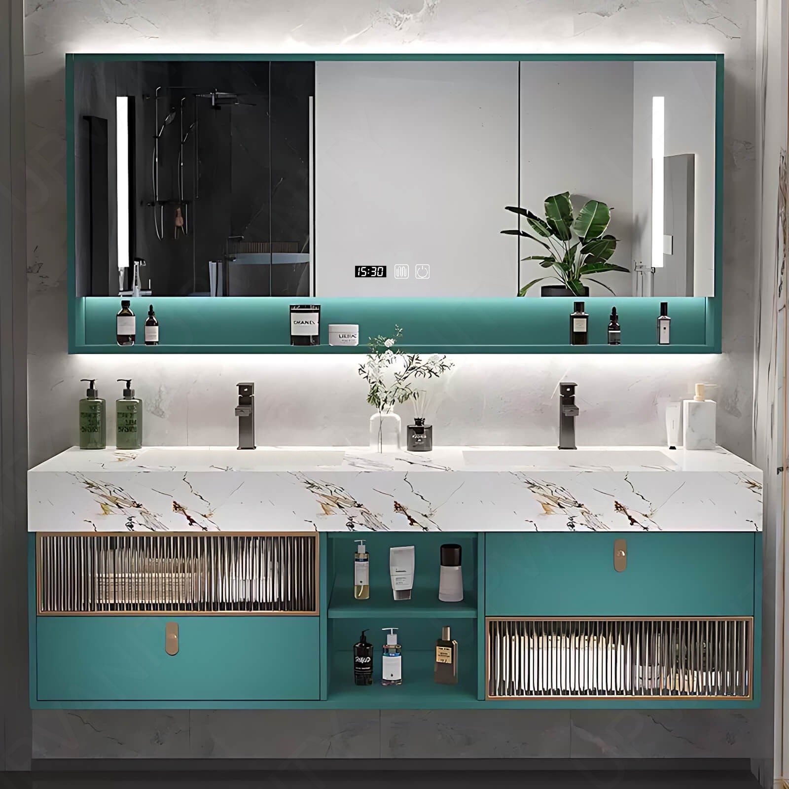 Elegant Bath Vanity Set, Green, White Marble Textured Top, 36"- 78", Single/Double, Floating, Glass Door, Smart LED Mirror, Rear Cabinet