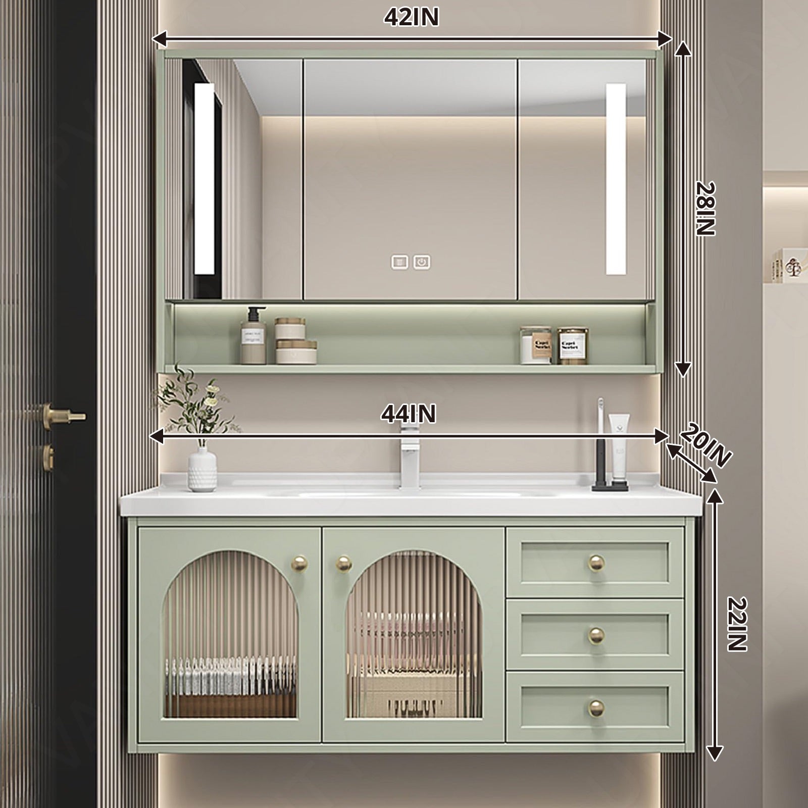 Elegant Bath Vanity Set, Green, White Slate Top, Gold Accents, 36"-48", Single, Floating, Glass Door, Smart LED Mirror, Rear Cabinet