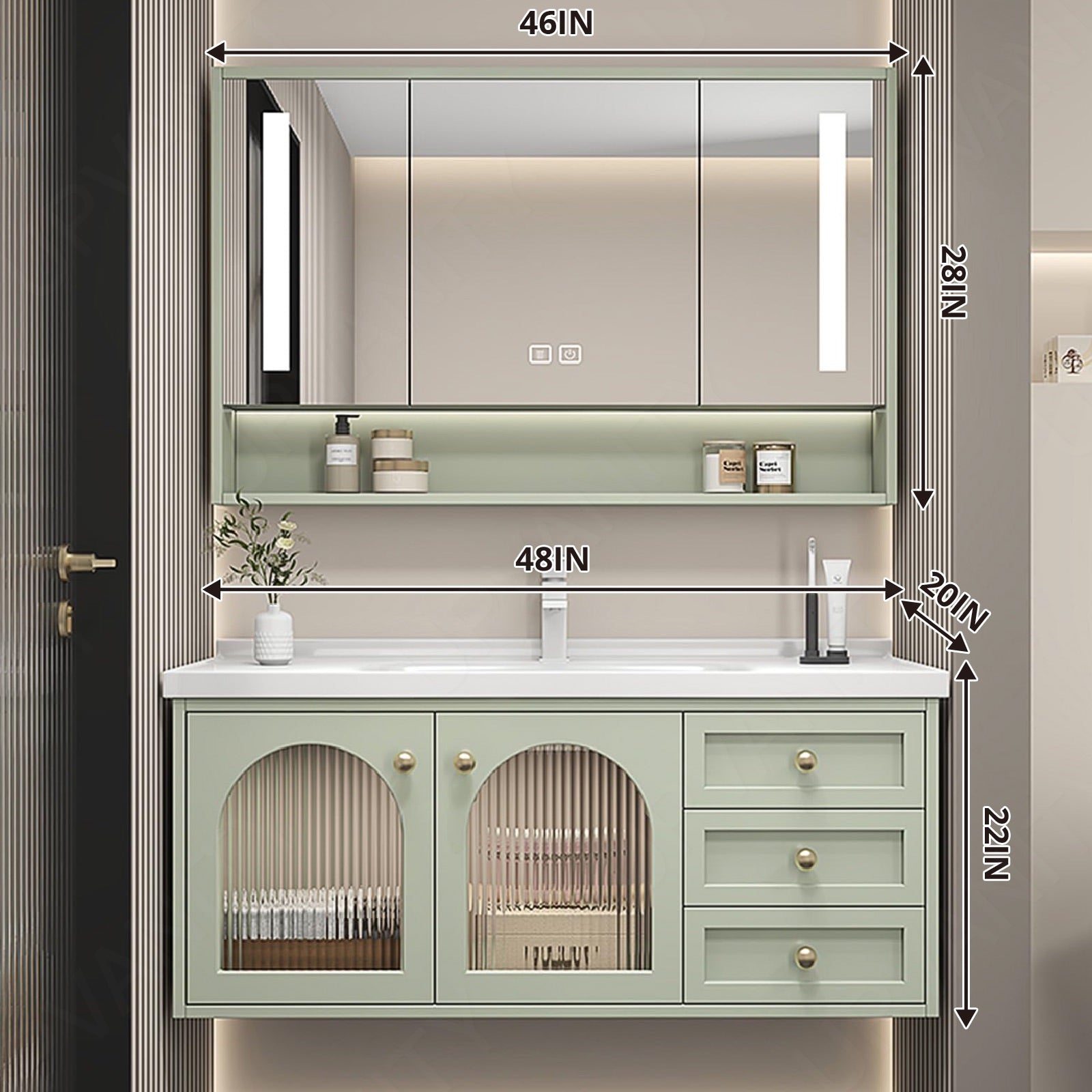 Elegant Bath Vanity Set, Green, White Slate Top, Gold Accents, 36"-48", Single, Floating, Glass Door, Smart LED Mirror, Rear Cabinet