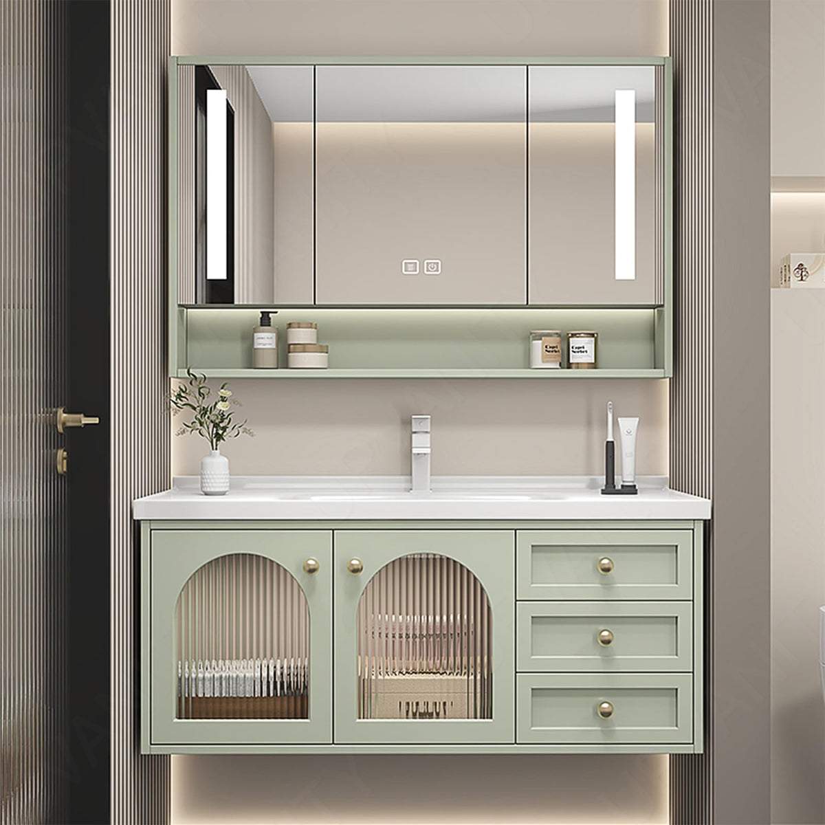 Elegant Bath Vanity Set, Green, White Slate Top, Gold Accents, 36"-48", Single, Floating, Glass Door, Smart LED Mirror, Rear Cabinet