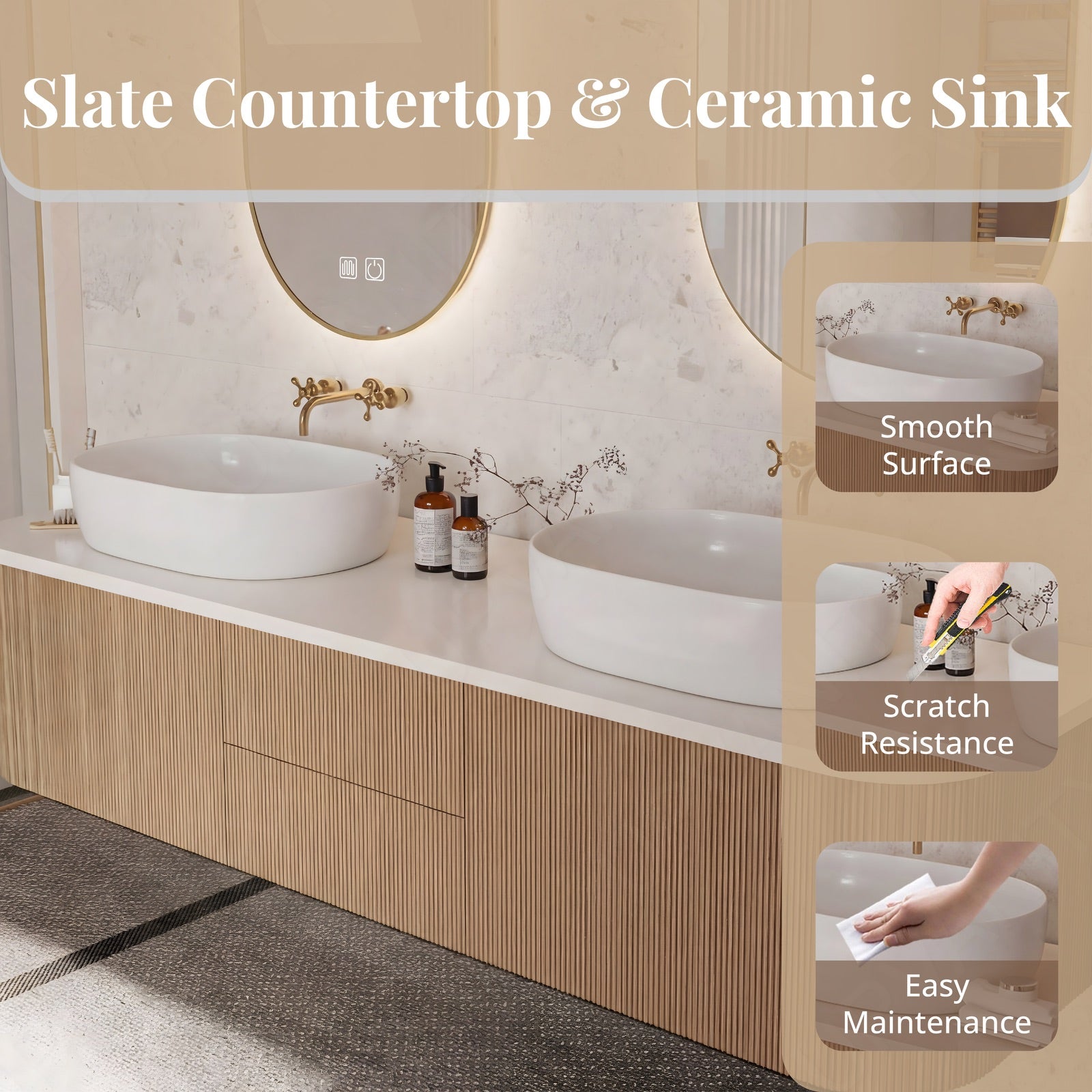 Elegant Bath Vanity Set, Light Oak, Striped Panel, 56"-64", Double Vessel Sink, Floating, Dual Oval Smart LED Mirror