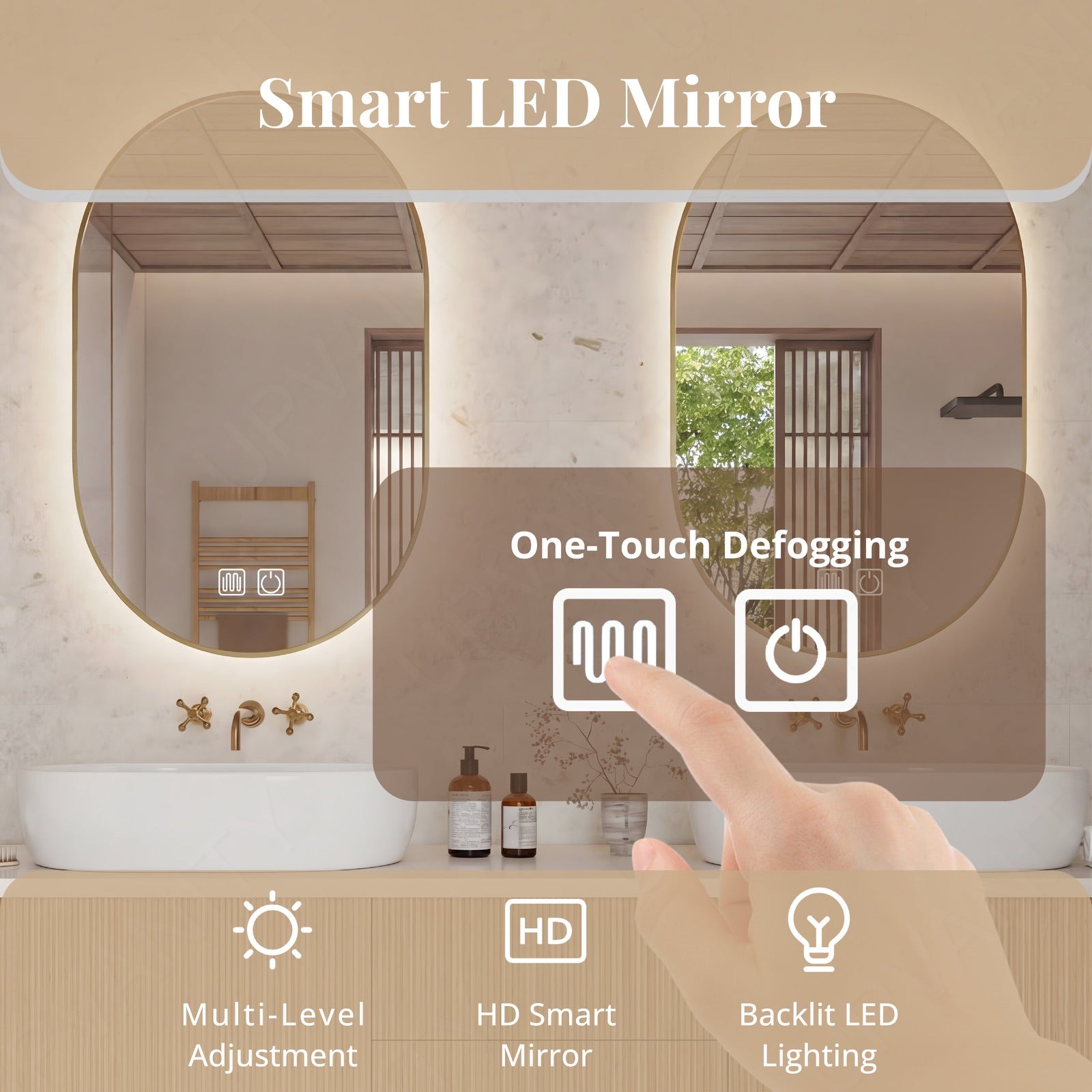 Elegant Bath Vanity Set, Light Oak, Striped Panel, 56"-64", Double Vessel Sink, Floating, Dual Oval Smart LED Mirror