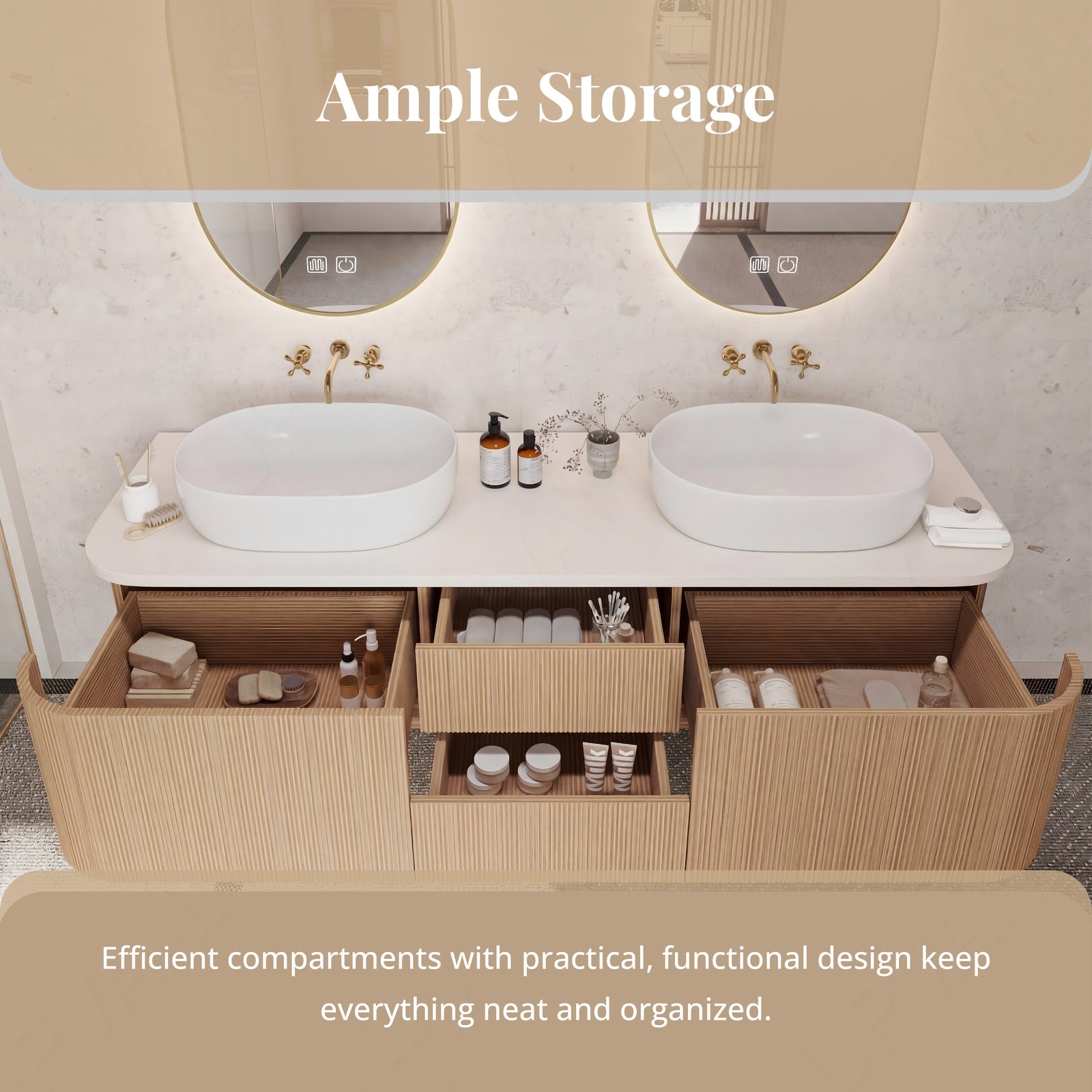 Elegant Bath Vanity Set, Light Oak, Striped Panel, 56"-64", Double Vessel Sink, Floating, Dual Oval Smart LED Mirror