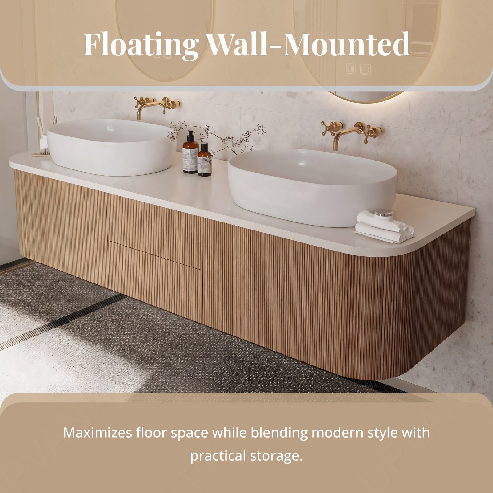 Elegant Bath Vanity Set, Light Oak, Striped Panel, 56"-64", Double Vessel Sink, Floating, Dual Oval Smart LED Mirror
