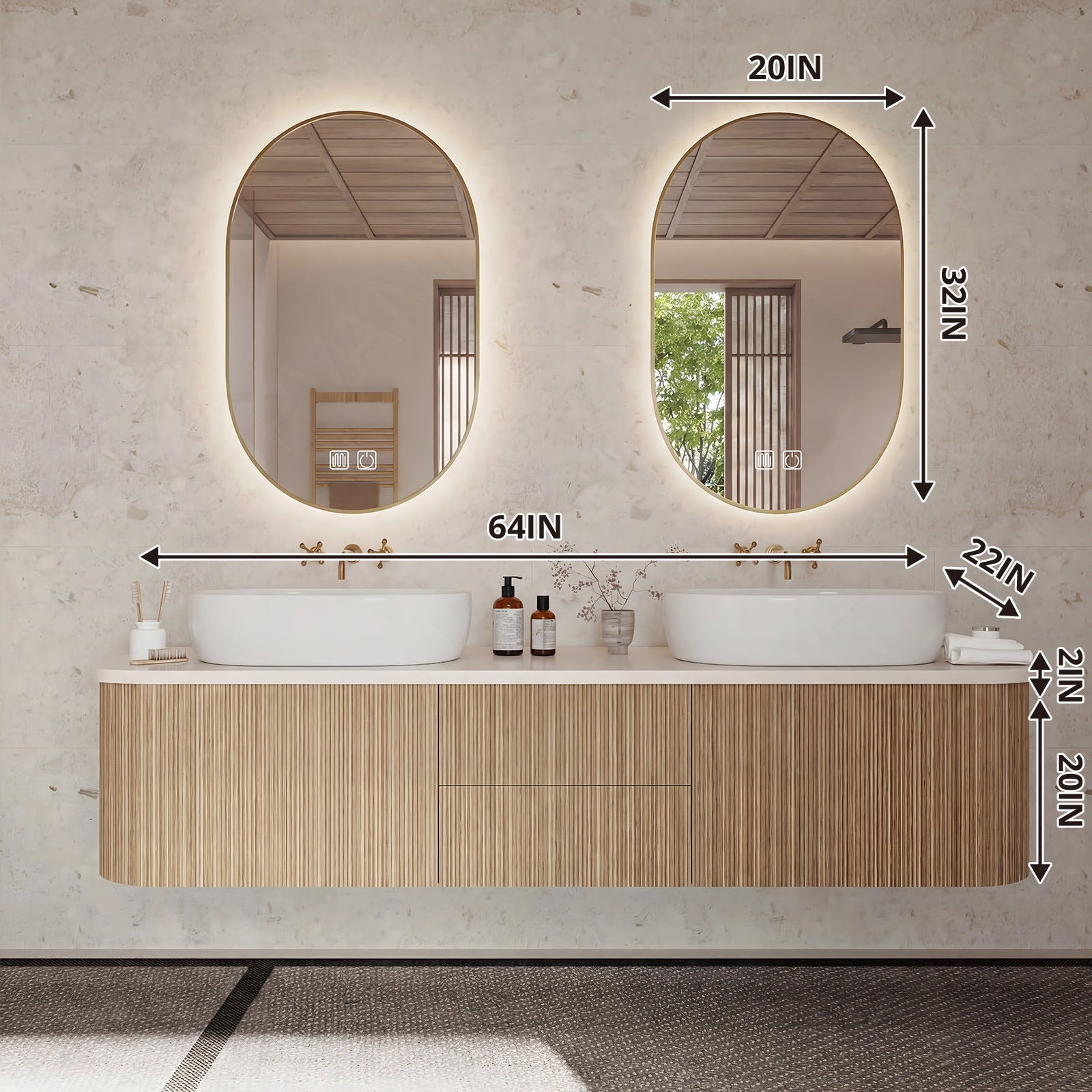 Elegant Bath Vanity Set, Light Oak, Striped Panel, 56"-64", Double Vessel Sink, Floating, Dual Oval Smart LED Mirror
