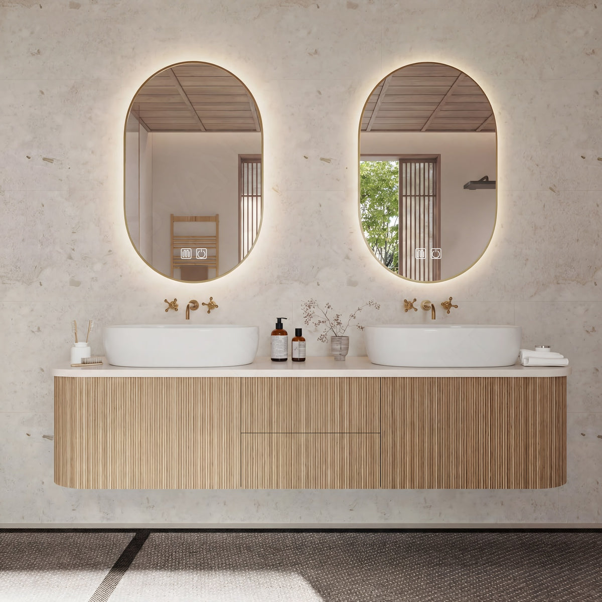 Elegant Bath Vanity Set, Light Oak, Striped Panel, 56"-64", Double Vessel Sink, Floating, Dual Oval Smart LED Mirror