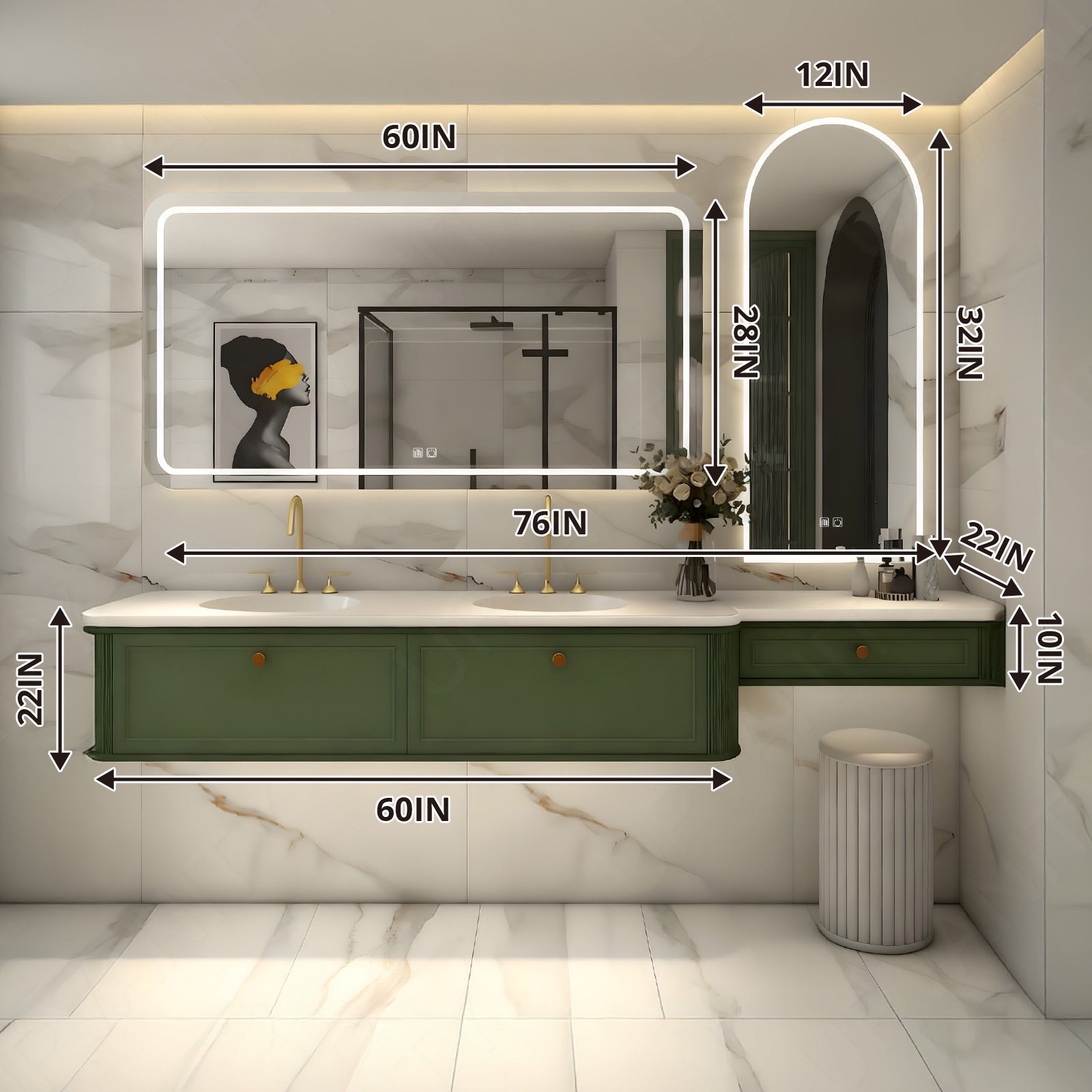 Elegant Bath Vanity Set, Makeup Table, Green, White Slate Top, 56"-78", Double, Floating, Gold Accents, Smart LED Mirror